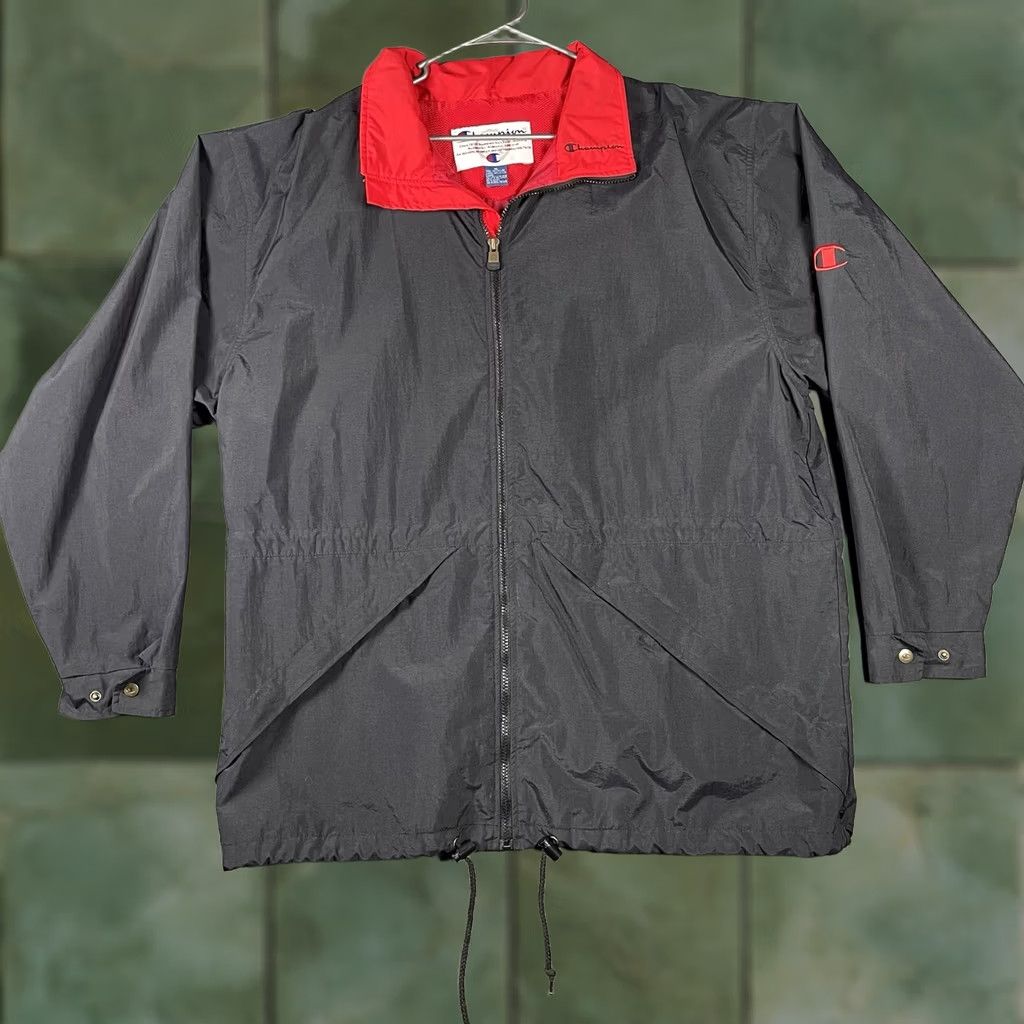 Champion VINTAGE Champion Windbreaker Full Zip Jacket XL Black Hidden Hood 90s Retro Sports Mens Jacket Size US XL / EU 56 / 4 - 1 Thumbnail