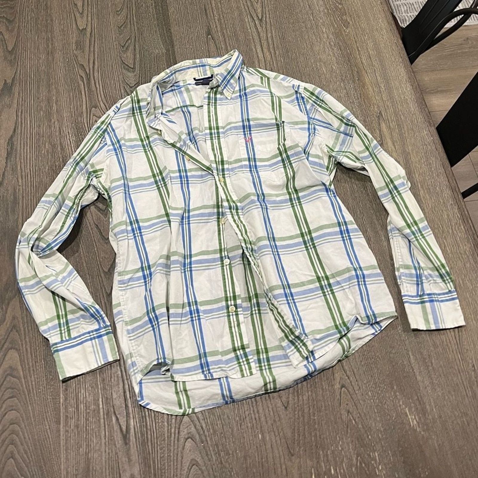 American Eagle Outfitters American Eagle White Blue Plaid Button Front Long Size US M / EU 48-50 / 2 - 1 Thumbnail