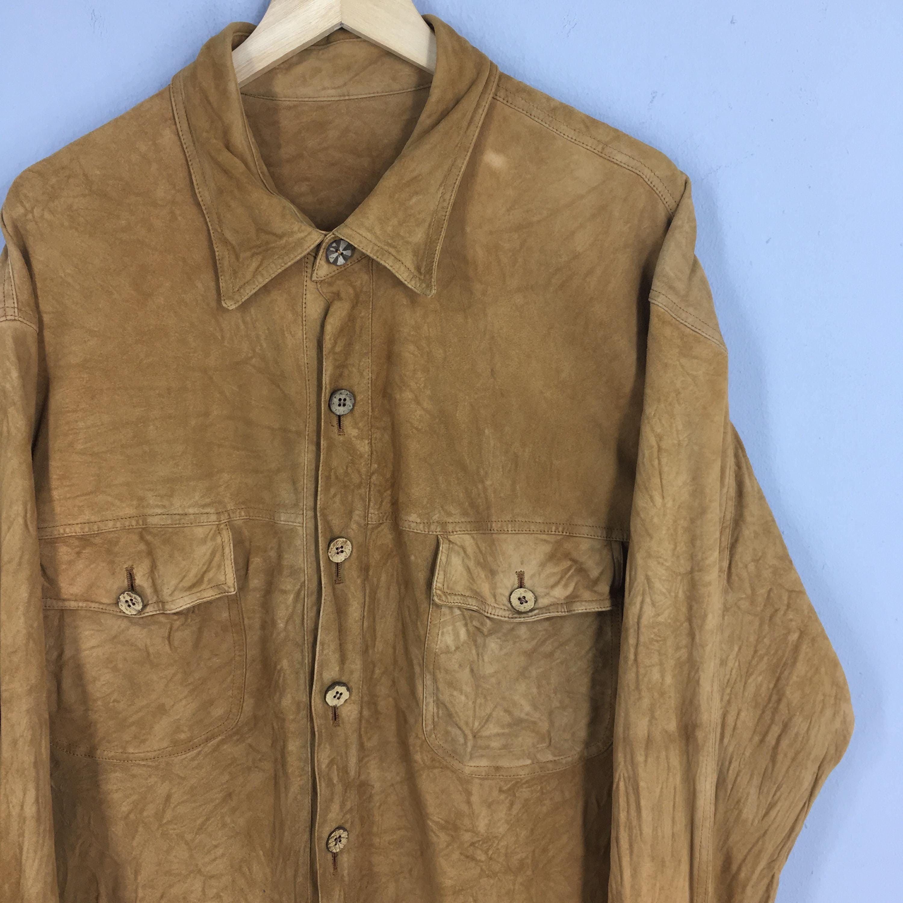 Vera Pelle × Vintage 1980s Vera Pelle Plain Brown Suede Leather Shirt XLarge Size US XL / EU 56 / 4 - 2 Thumbnail