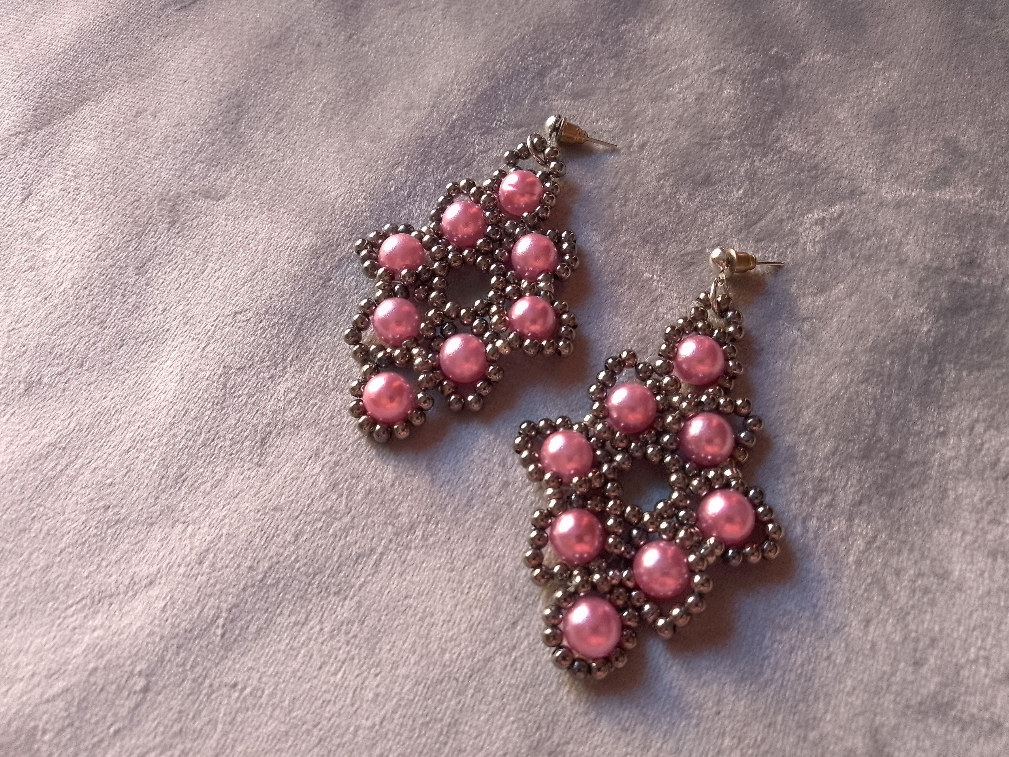 Handmade Earrings Long Flower Shape Pink Pearls Brass Size ONE SIZE - 1 Thumbnail