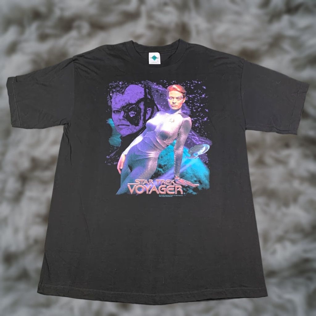 VINTAGE Star Trek Voyager Seven Of Nine Shirt Mens XL Black Graphic Print CHAMP T-Shirt