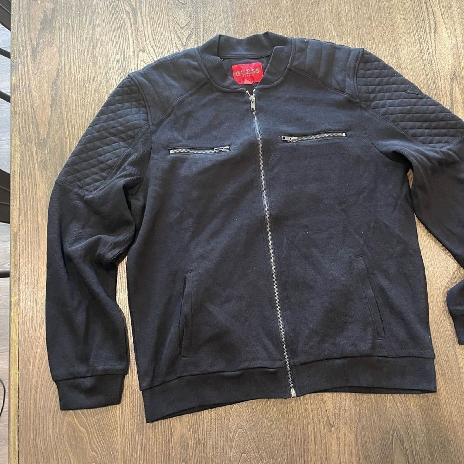 Guess NWOT Guess Mens Black Cotton Blend Zip Up Bomber Jacket Sz L Size US L / EU 52-54 / 3 - 3 Thumbnail