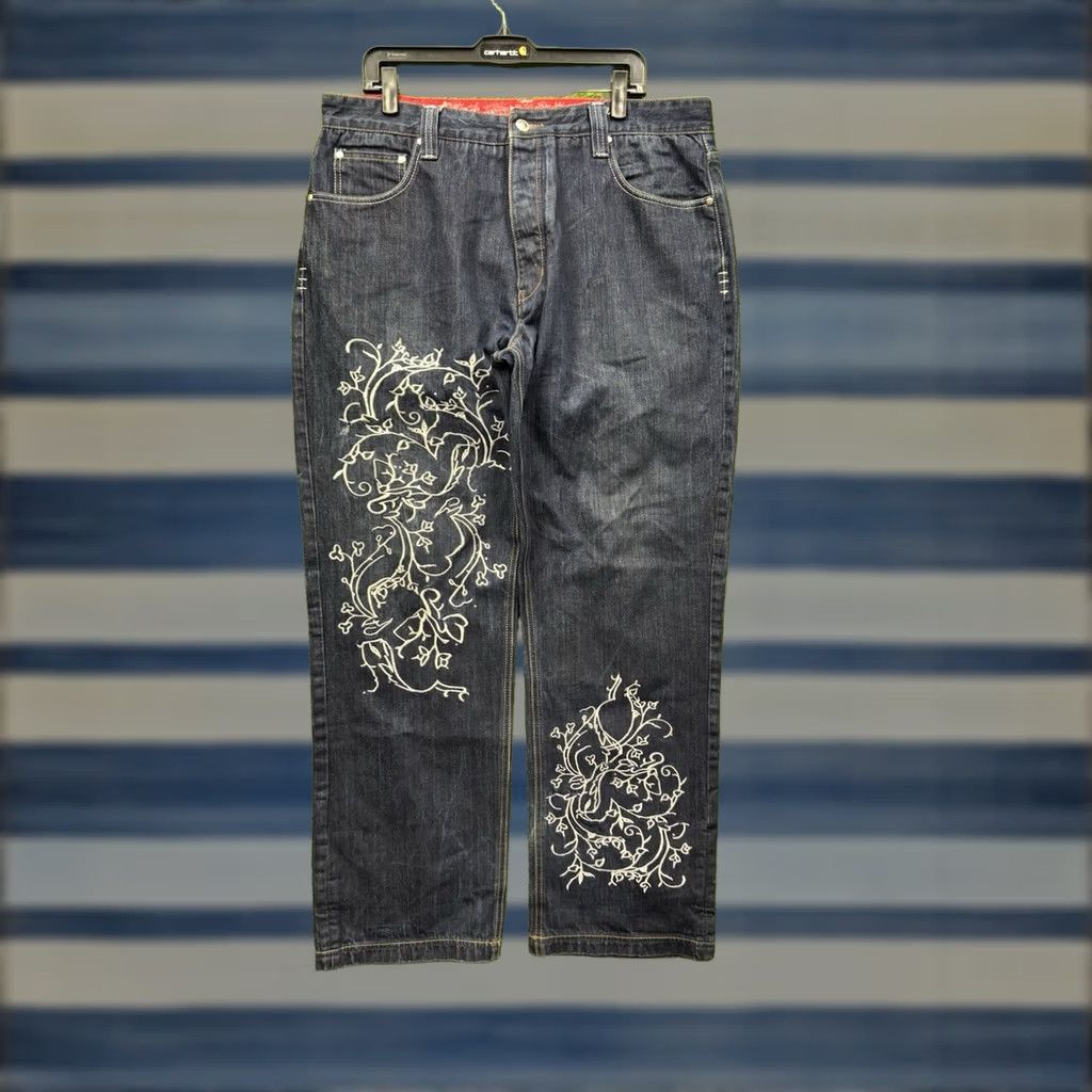 Vintage Crown Holder Jeans Mens 38 Denim Wide-Leg Dark Wash 5-Pocket Button Fly Vintage Crown Holder Regius Vestio Hip Hop Grunge Streetwear Y2K Mens Size US 38 / EU 54 - 1 Thumbnail