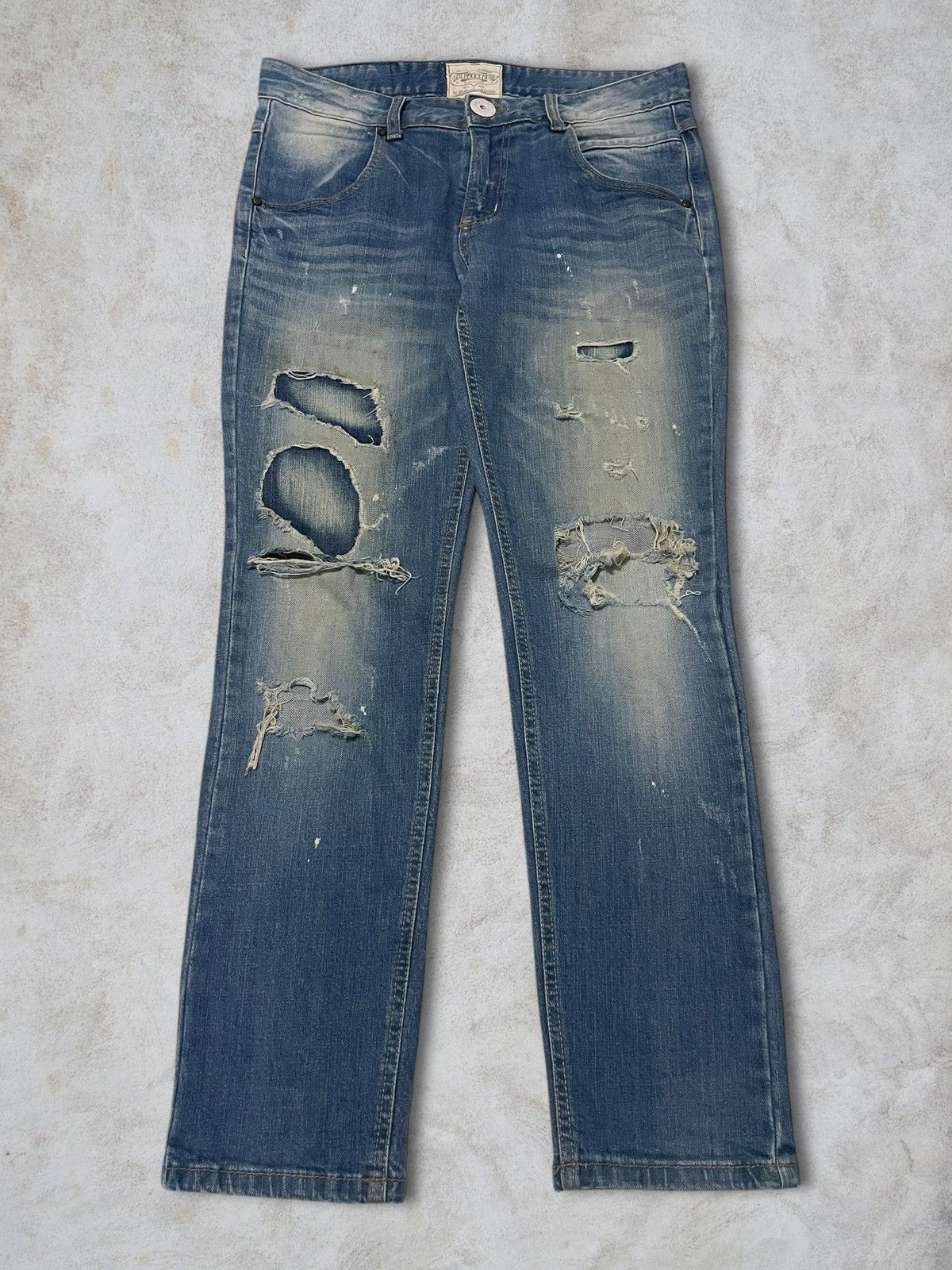 Vtg Crazy Sick Distressed Patches Paint Splatter Taper Jeans