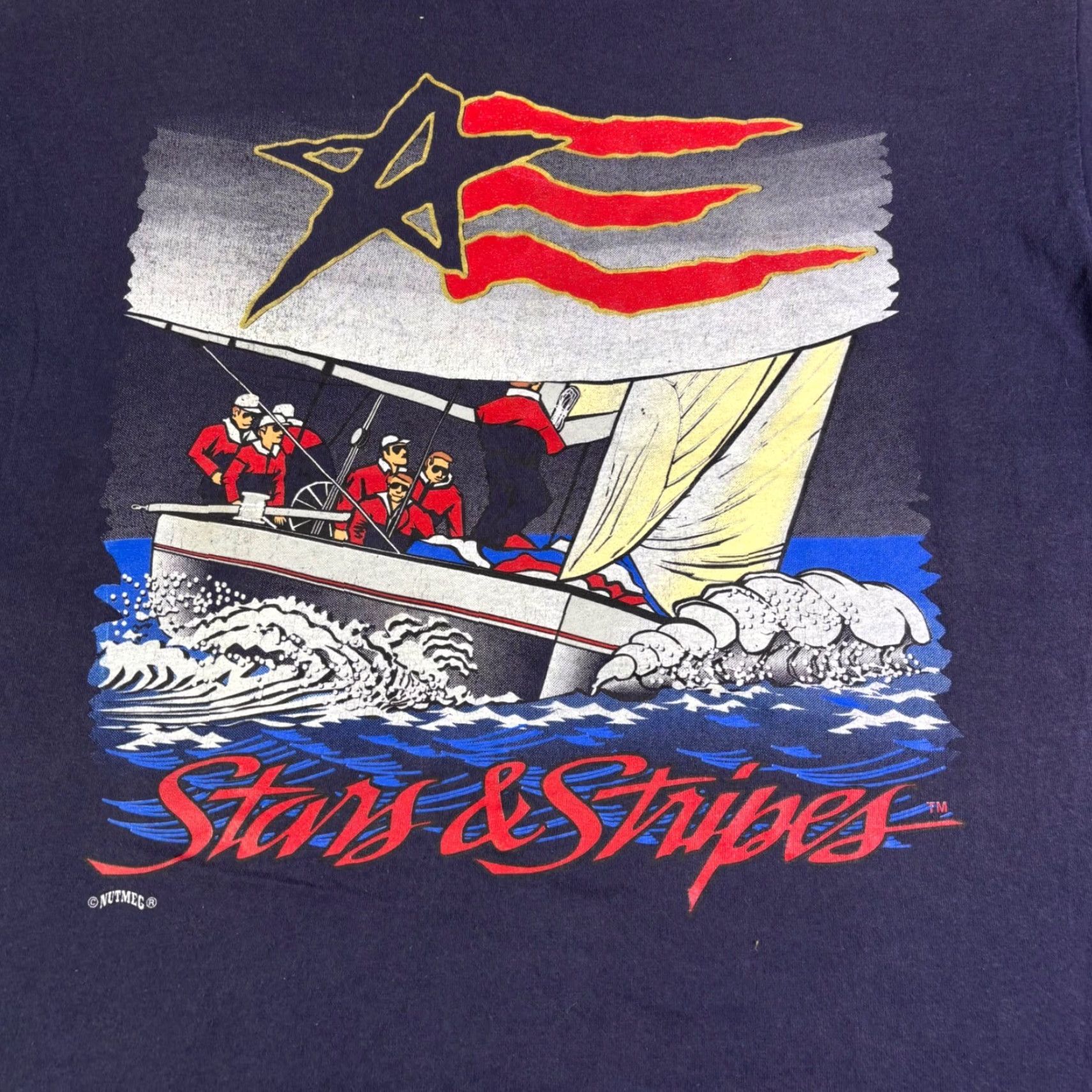 Vintage VINTAGE Stars and Stripes Sailboat Graphic T Shirt Mens XL Navy Blue Size US XL / EU 56 / 4 - 6 Thumbnail