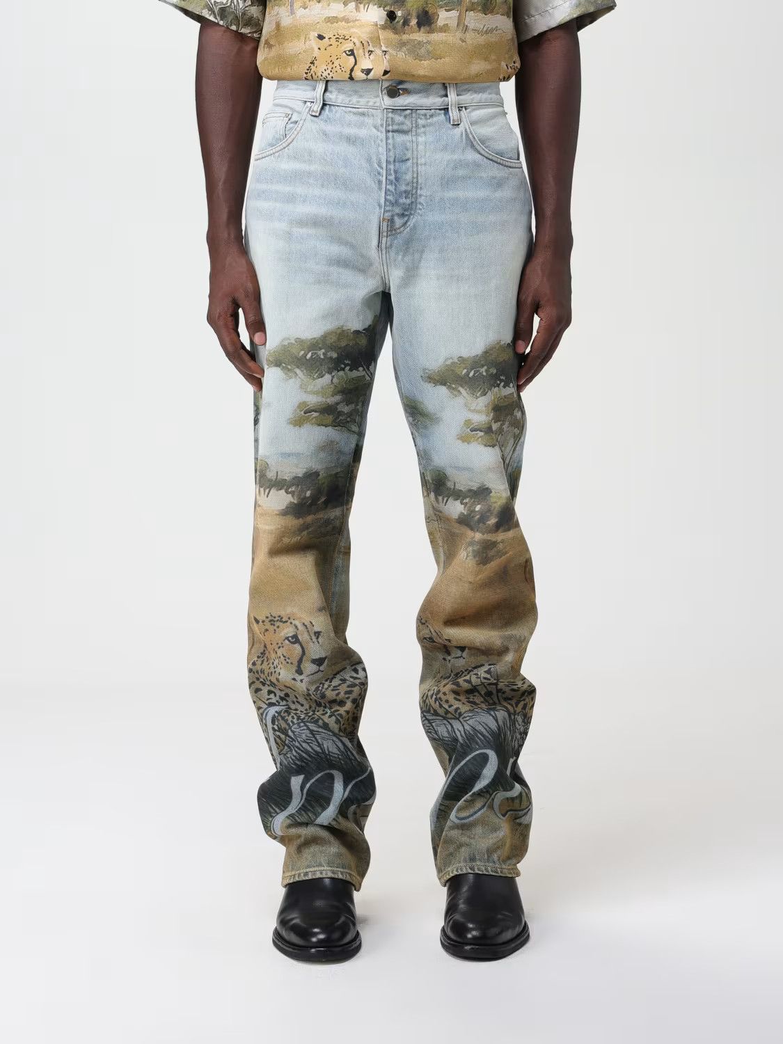 Image of Amiri O1C11T2Y0424 Printed Safari Straight Denim Jeans In Blue, Men's (Size 38)