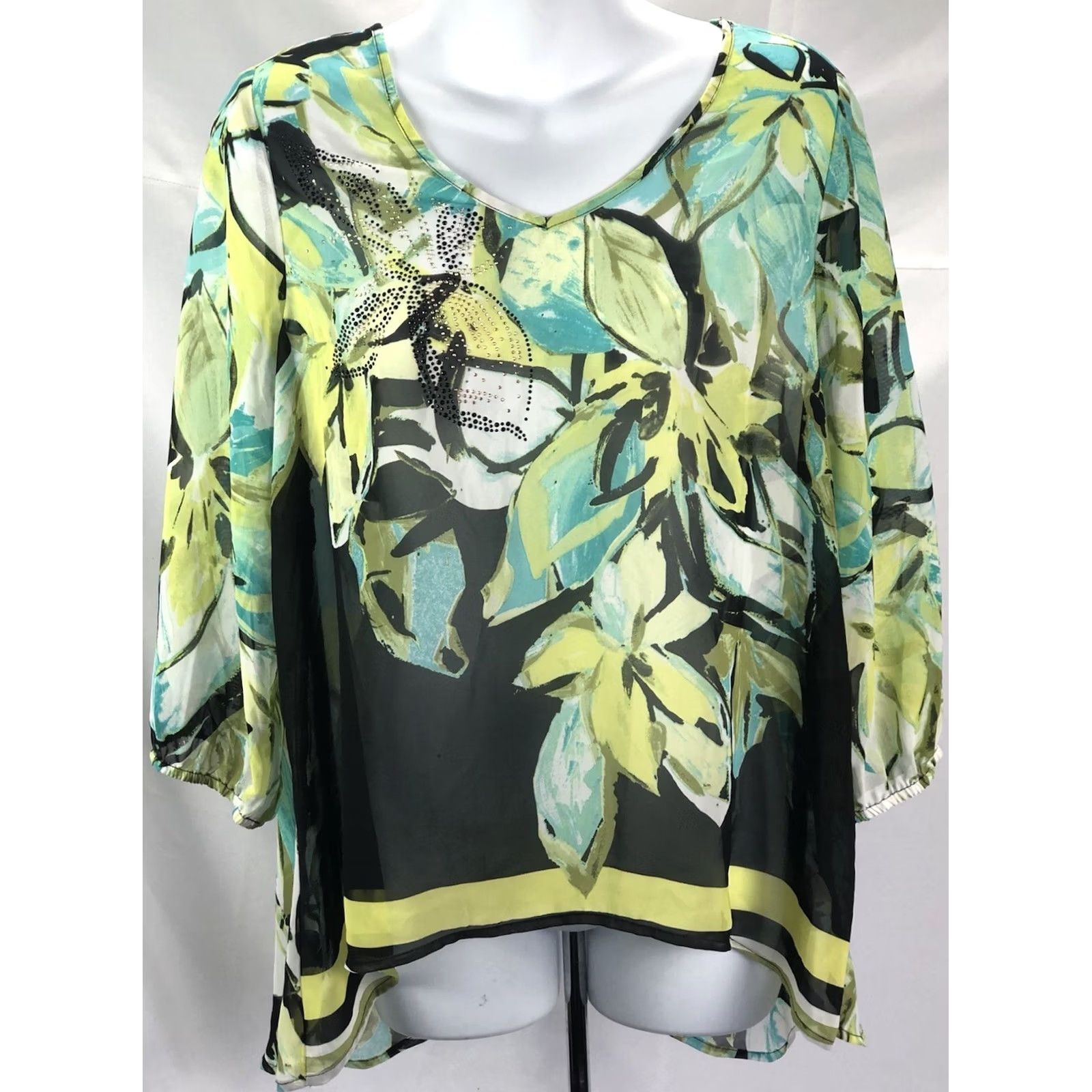 Vintage Energe Flowy top L green/blk NWT V-neck 1/2 Sleeve asymmetrical Cut away back Size L / US 10 / IT 46 - 6 Thumbnail