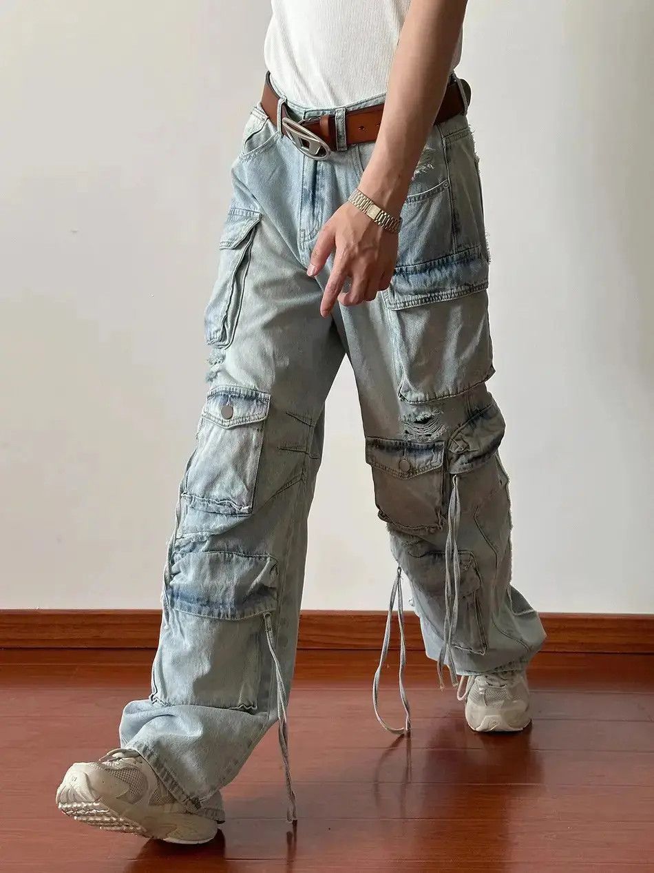 Japanese Brand Frayed loose jeans pockets ripped wide legs retro style Y2K Size US 32 / EU 48 - 5 Thumbnail