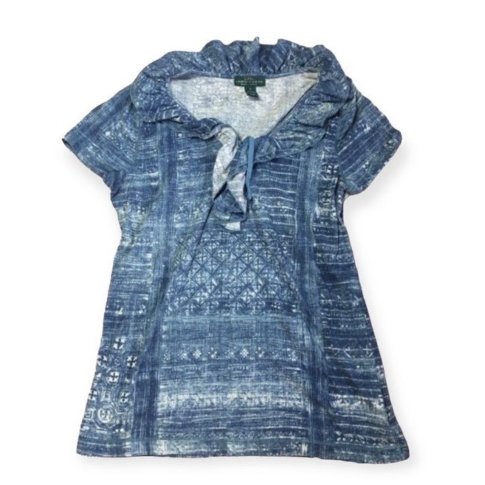 Lauren Ralph Lauren Ralph Lauren LRL Blue White Printed Ruffle Collar Cotton Top Size S / US 4 / IT 40 - 1 Thumbnail