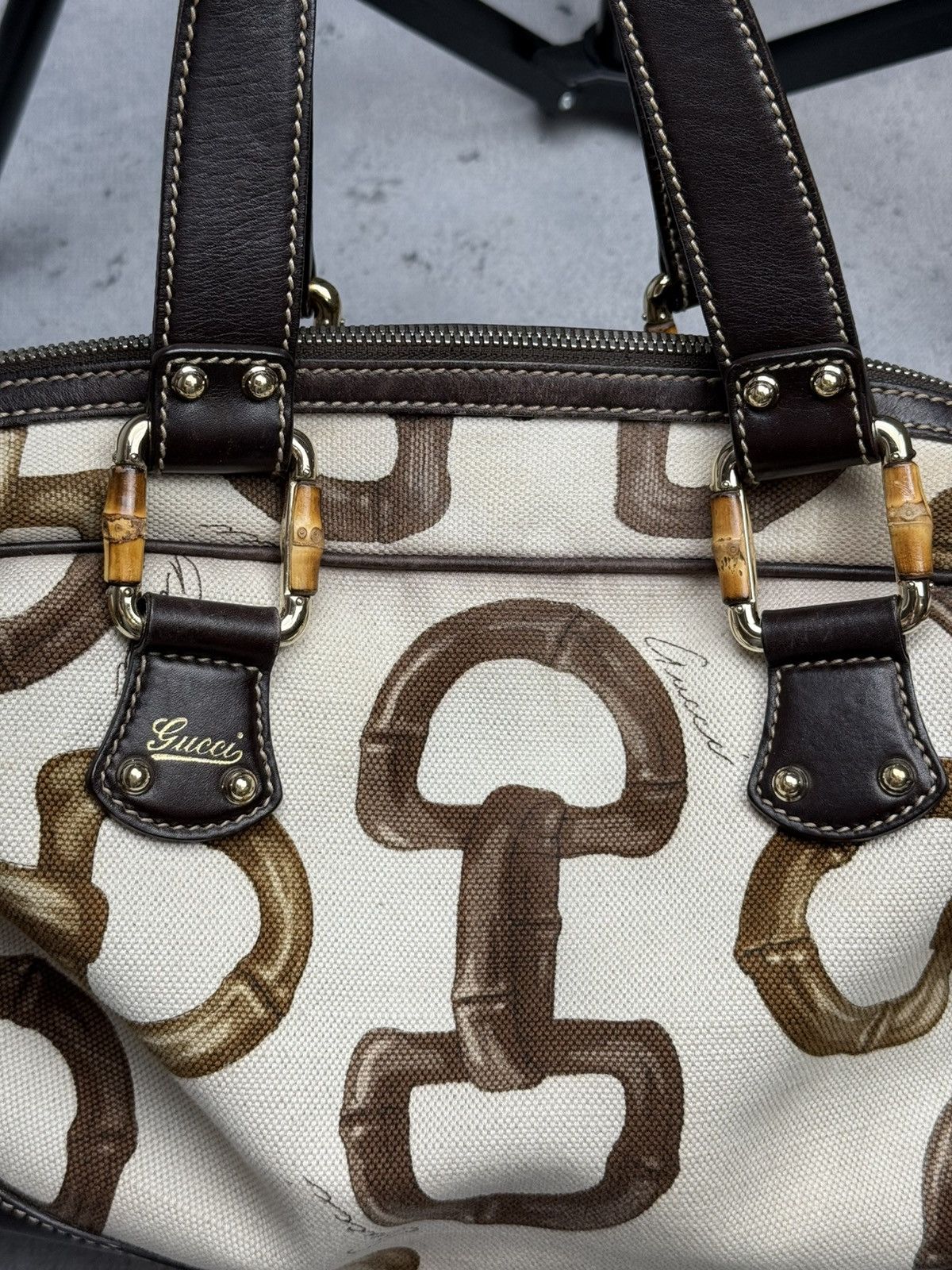 Gucci Vintage Gucci Bamboo Canvas Boston Bag Brown Leather Trim Size ONE SIZE - 15 Thumbnail