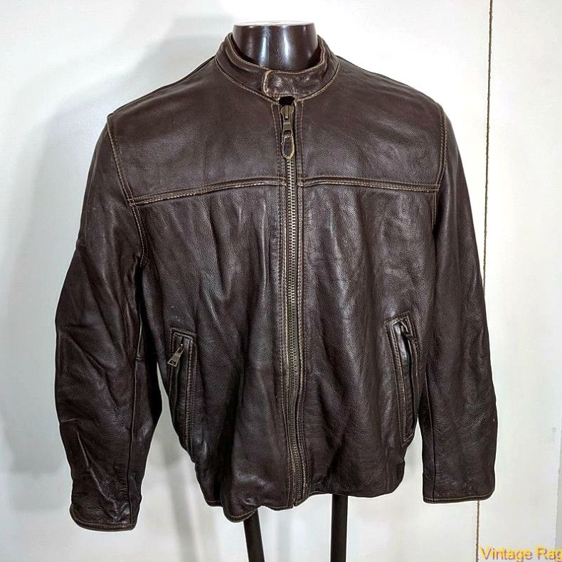 image of Express Pebbled Lambskin Leather Cafe Racer Jacket Mens Size M Brown in White