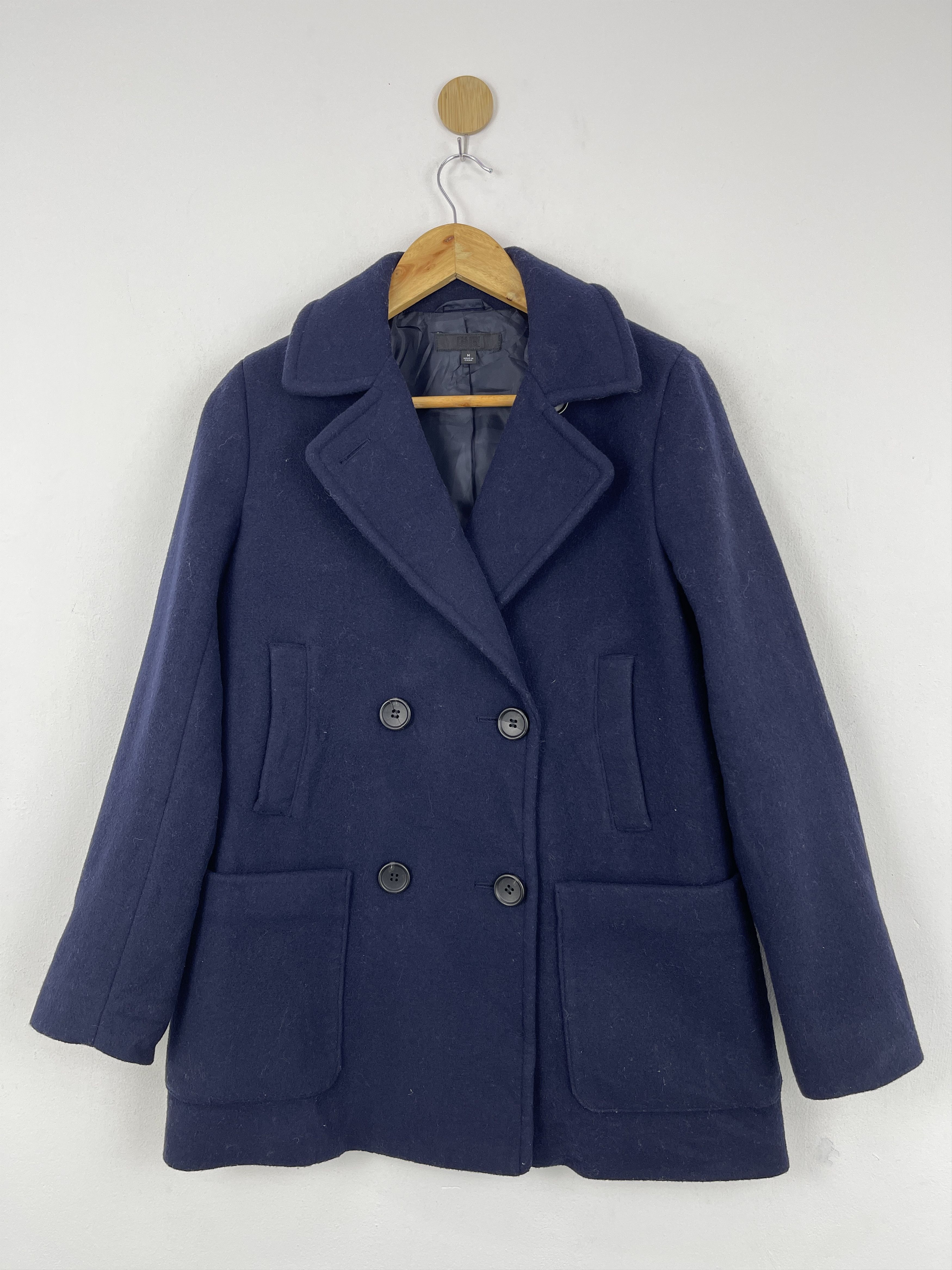 image of Vintage Uniqlo Double Breasted Trench Jacket Blue Wool Coat, Men's (Size Medium)