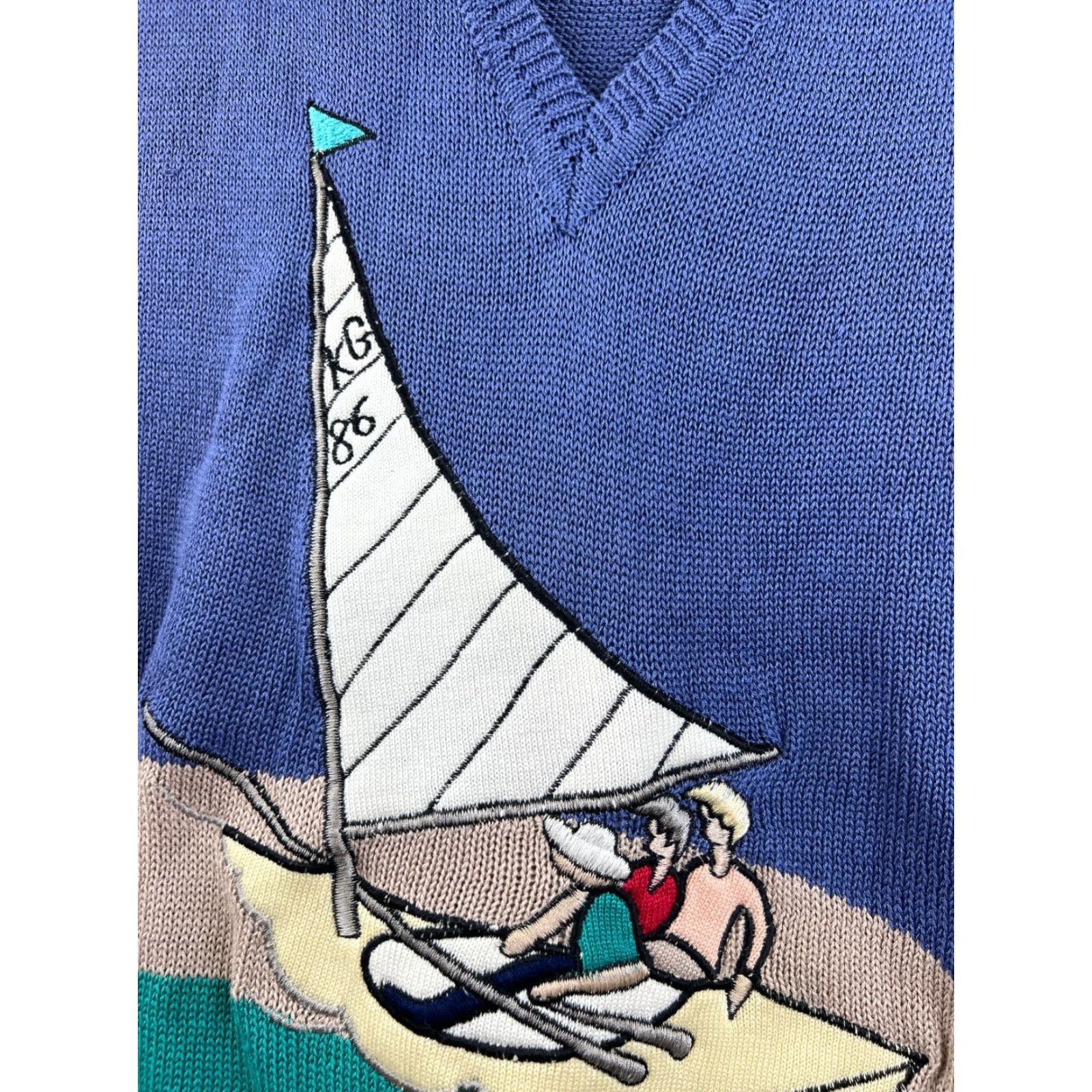 Nautica VINTAGE Wakefield Sweater Vest Blue Sailboat Embroidery L Men’s Knack Kennth Gordon 80s Nautical Beige Green USA Size US L / EU 52-54 / 3 - 6 Thumbnail