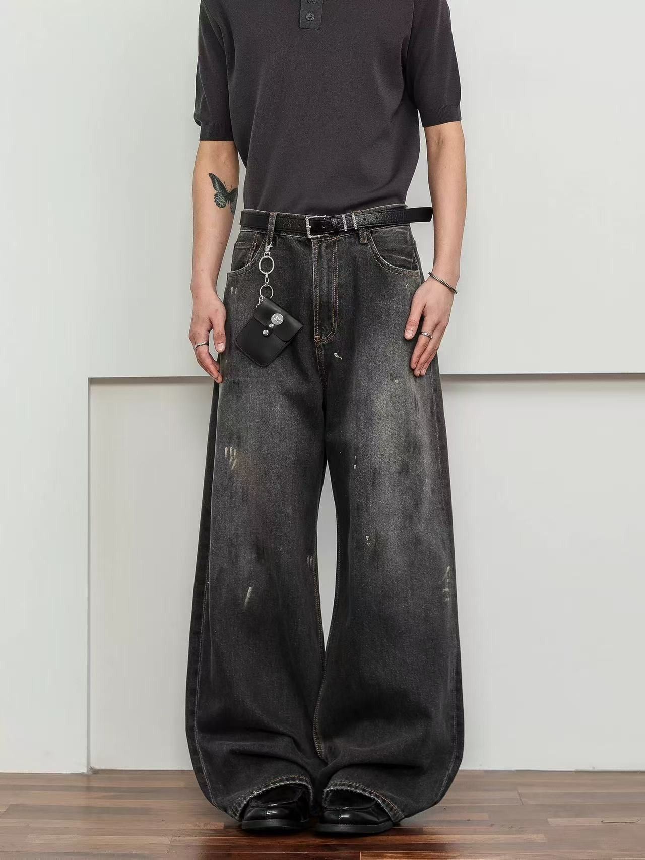 Vintage Retro men's loose straight ink-splashed graffiti jeans Size US 32 / EU 48 - 2 Thumbnail
