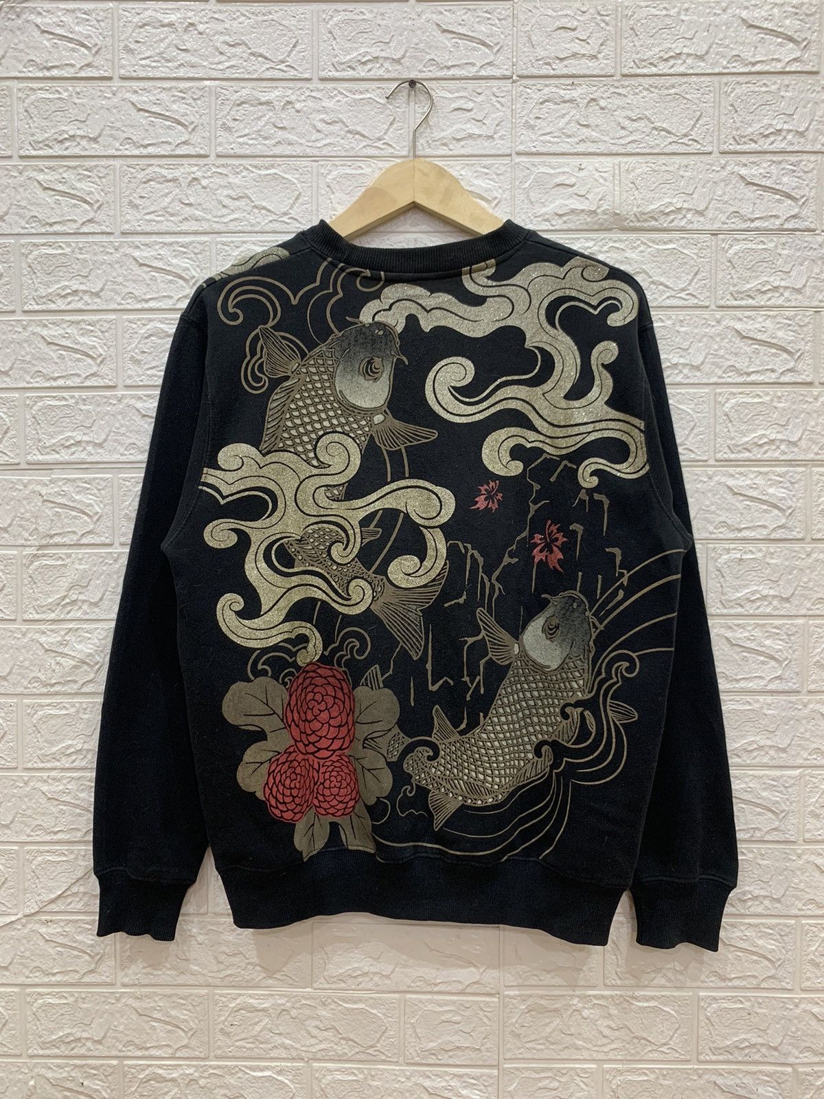 image of Sukajan Souvenir Jacket x Vintage Strange Heaven Koi Glitter Print Sweatshirt in Black (Size Large)