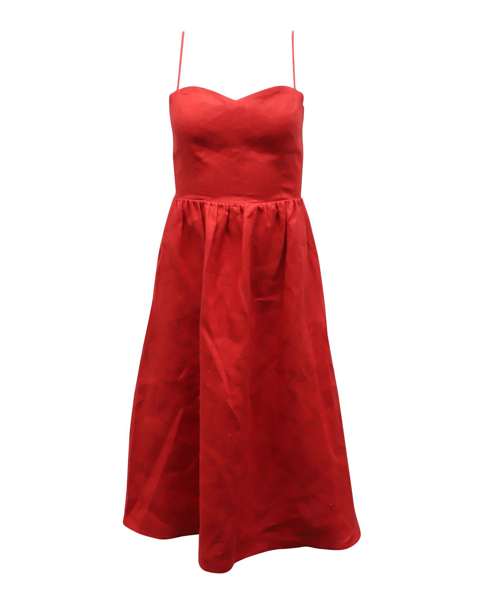 image of Reformation Flared Sweetheart Midi Dress With Adjustable Straps And Pockets In Red Linen, Women's (