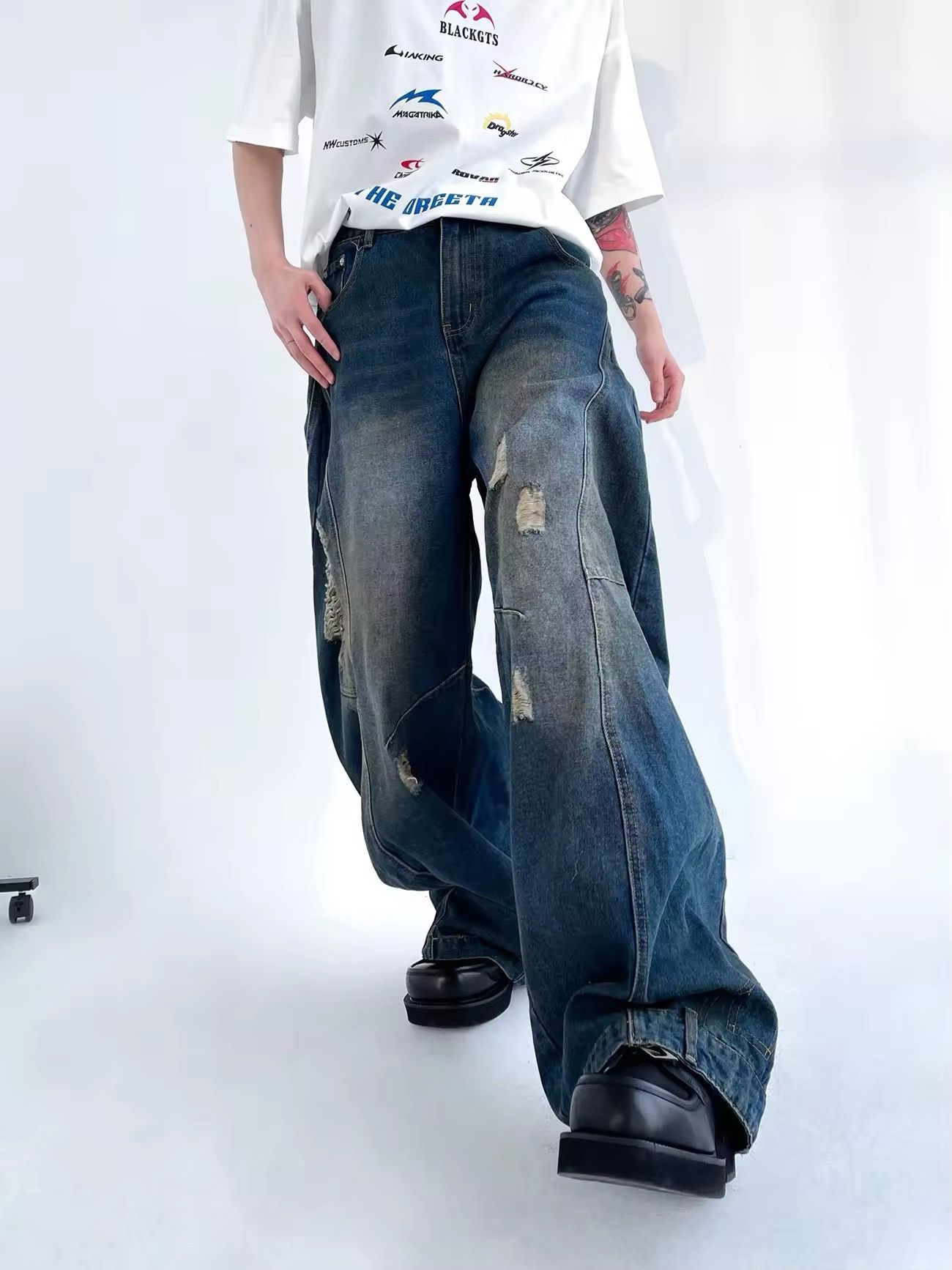 Designer × Vintage Streetwear Ripped Distressed Hip Hop Wide Leg Jeans Pants Size US 29 - 5 Thumbnail