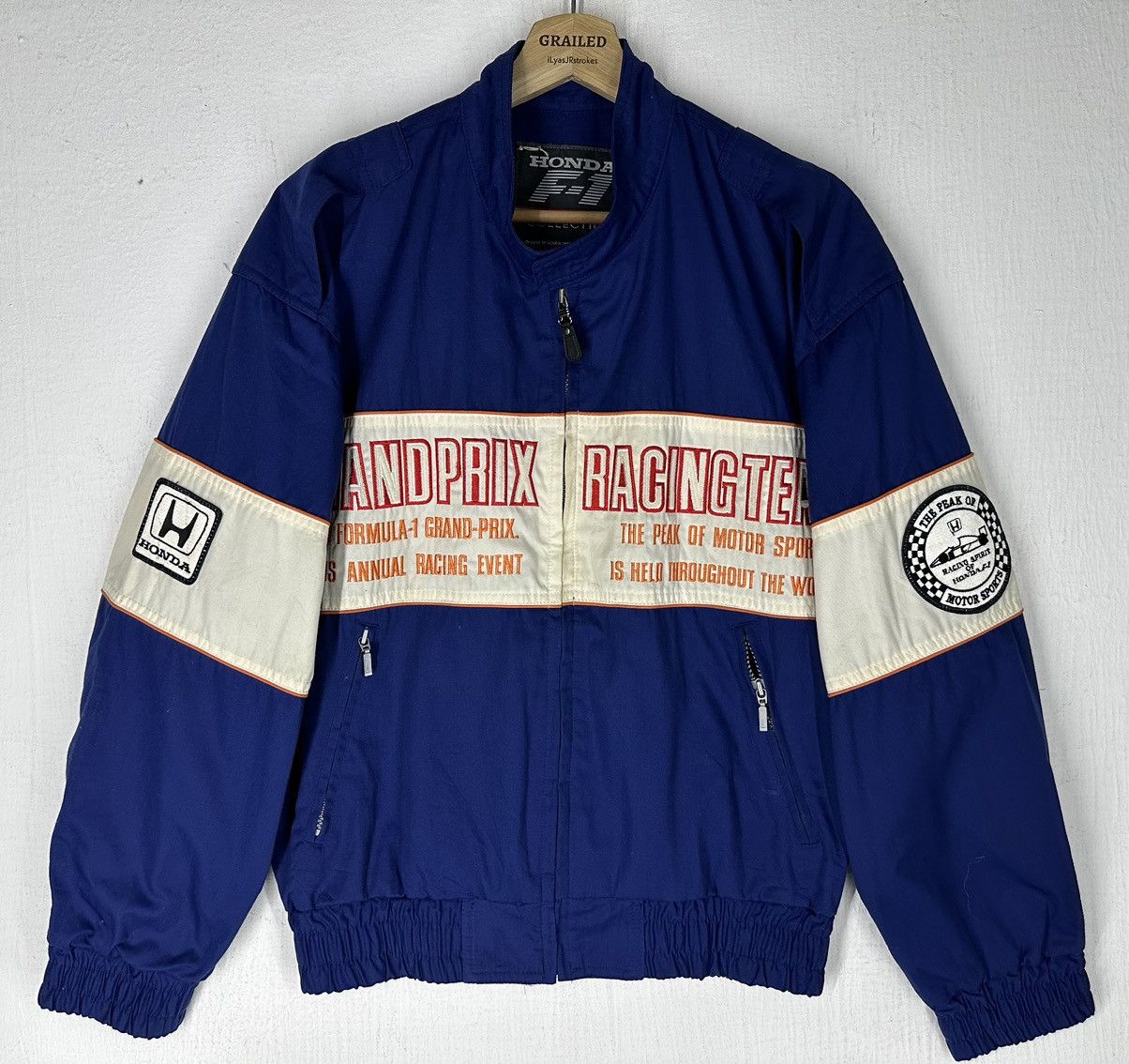image of Vintage 90’S Honda Grandprix Racing Team Formula 1 Jacket in Blue White, Men's (Size Medium)