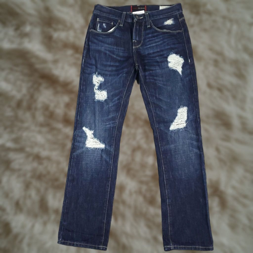 Guess GUESS Men's Jeans 29x30 Blue Distressed Slim Straight Denim Pants Size US 29 - 1 Thumbnail