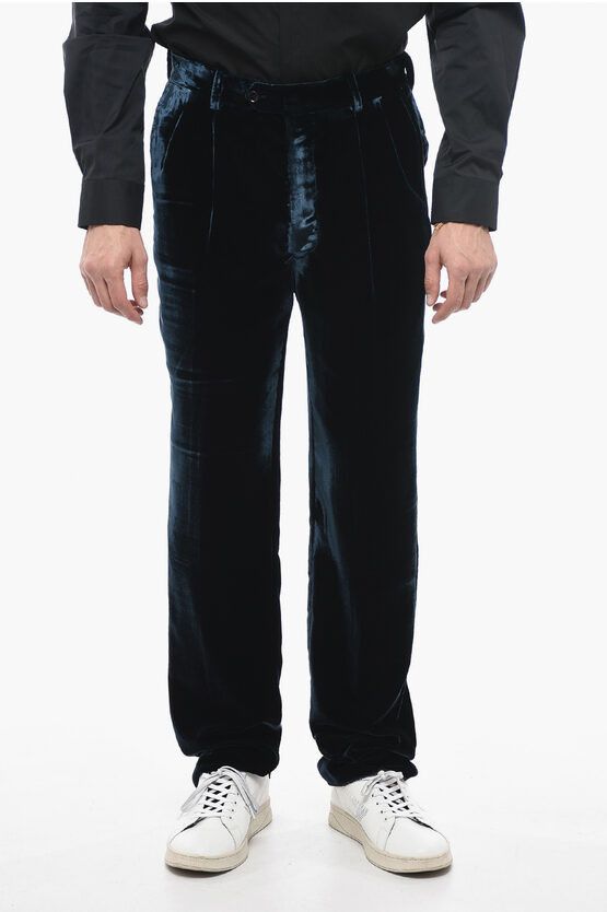 image of Bally Single-Pleated Velour Pants in Blue, Men's (Size 32)