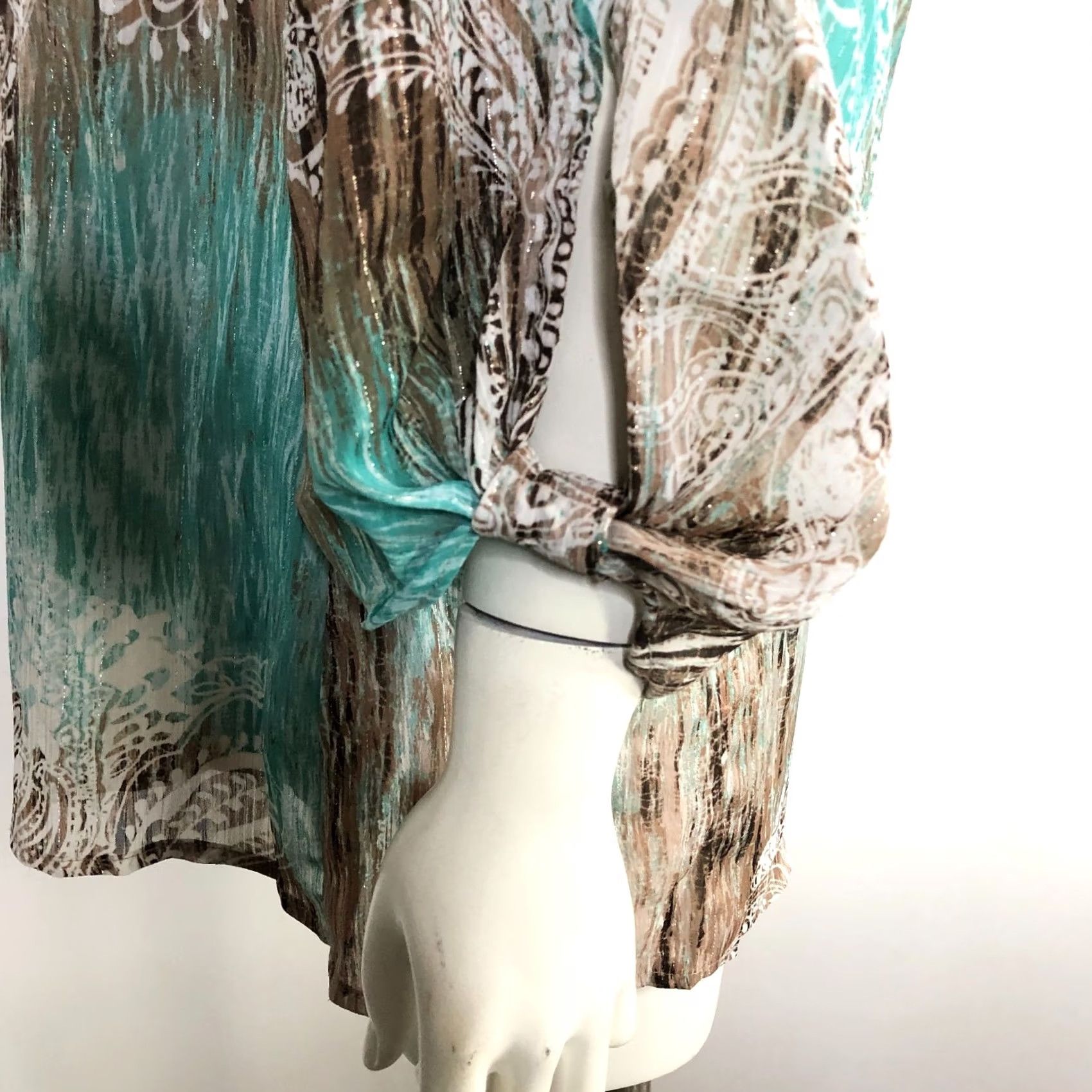 Vintage Dressbarn Blouse Shirt Dressbarn XL Whimsy Smocked BOHO Abstract Top Sheer Sleeve Brown Blue Geometric Long Sleeve Scoop Neck Casual Womens Girls Mens Size XL / US 12-14 / IT 48-50 - 2 Thumbnail