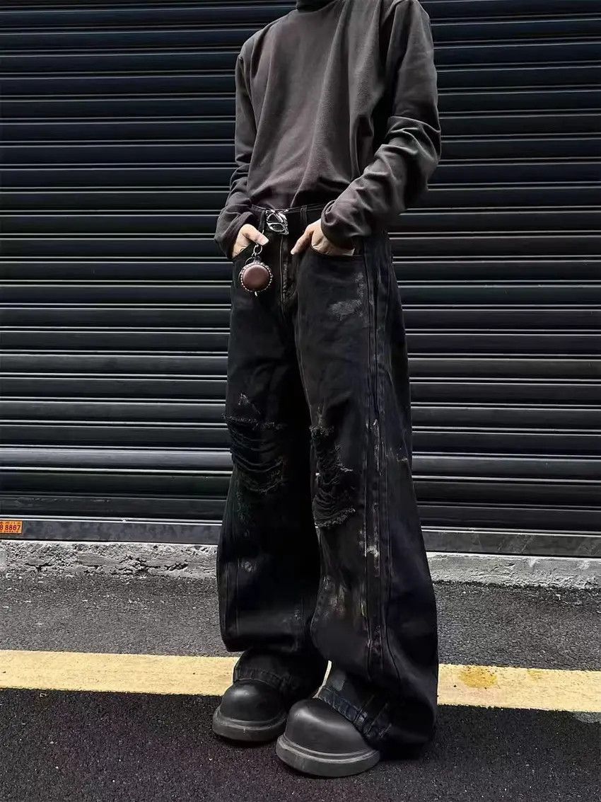 Designer × Japanese Brand Waxed and graffitied ripped and spliced baggy jeans Size US 34 / EU 50 - 2 Thumbnail