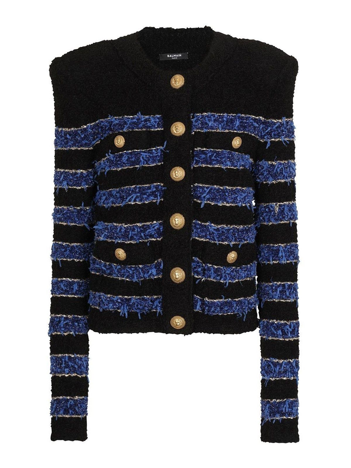 image of Balmain O1Srvl11E0524 Horiizontal Stripe Tweed Jacket In Black Blue, Women's (Size XS)