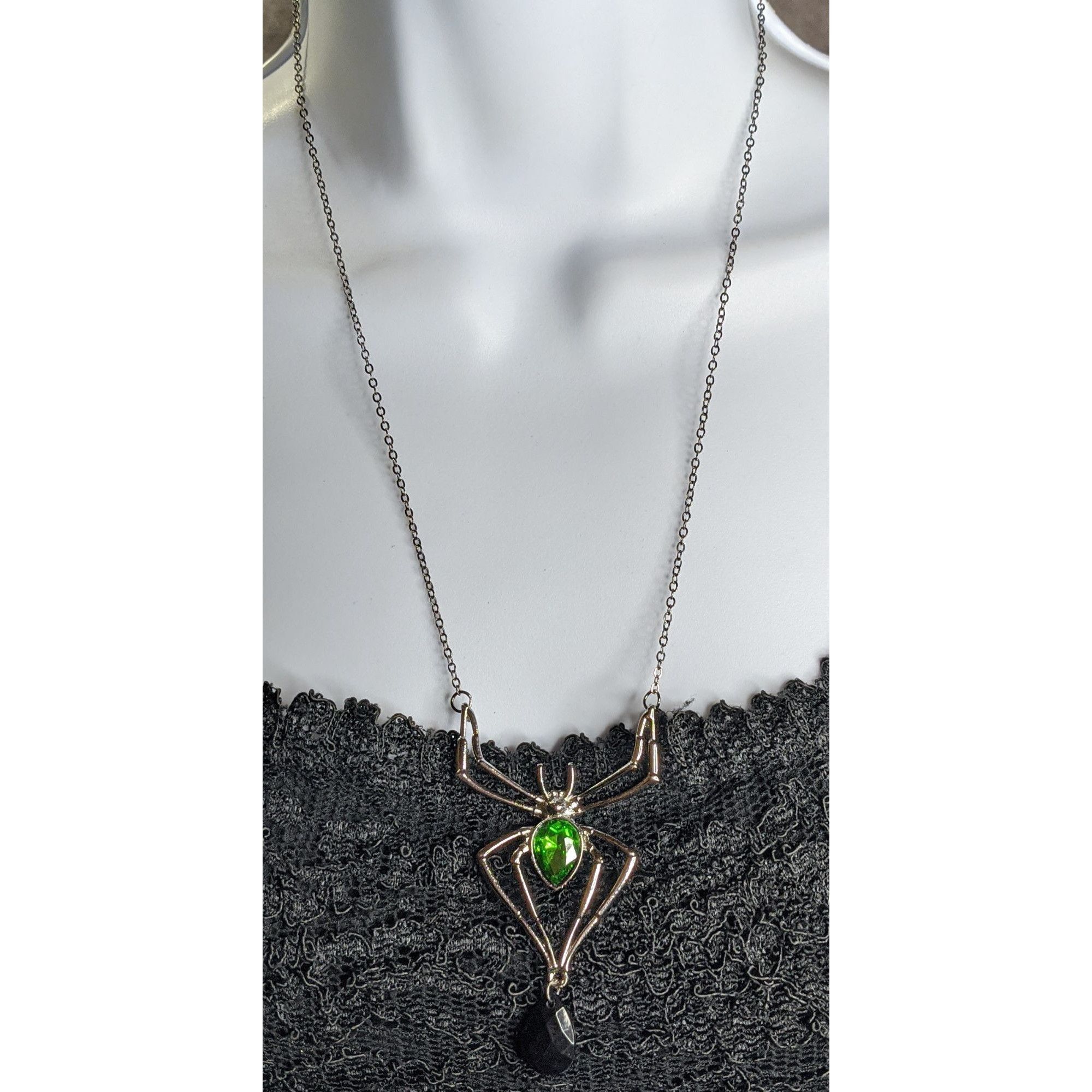 Other Gothic Spider Pendant Necklace With Green Gemstone & Black T Size ONE SIZE - 3 Thumbnail