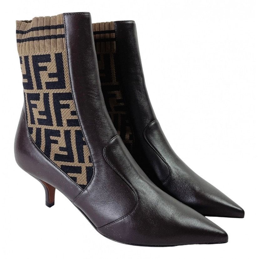 Fendi Rockoko FF logo stretch knit leather heeled ankle boots Size US 7 / IT 37 - 6 Thumbnail