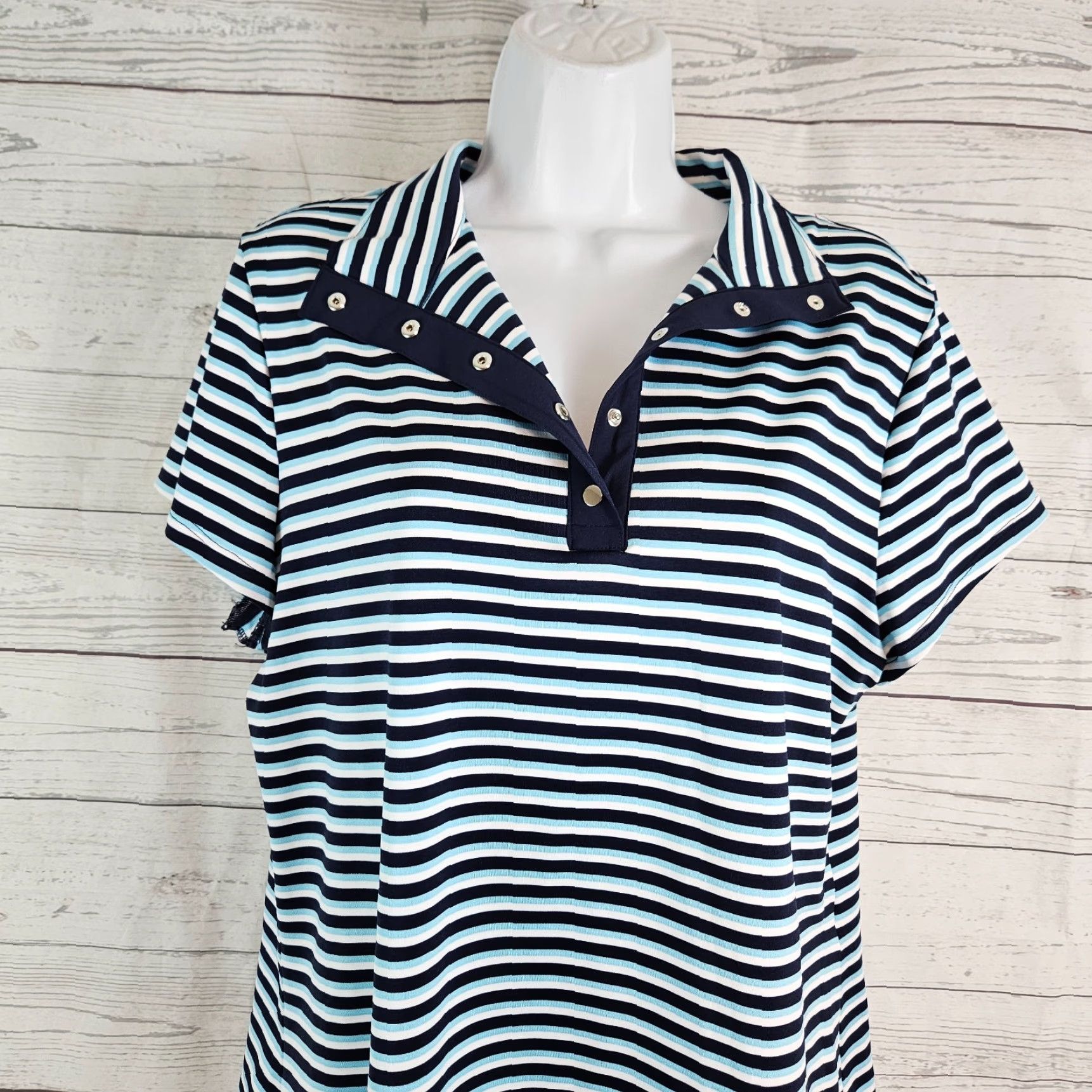 Vintage Chico's Women Top Blouse Shirt Shirt Chicos Womens Top Sz Large Blue White Striped Short Sleeve Pullover Collared Basic Vintage No N/A Size L / US 10 / IT 46 - 2 Thumbnail