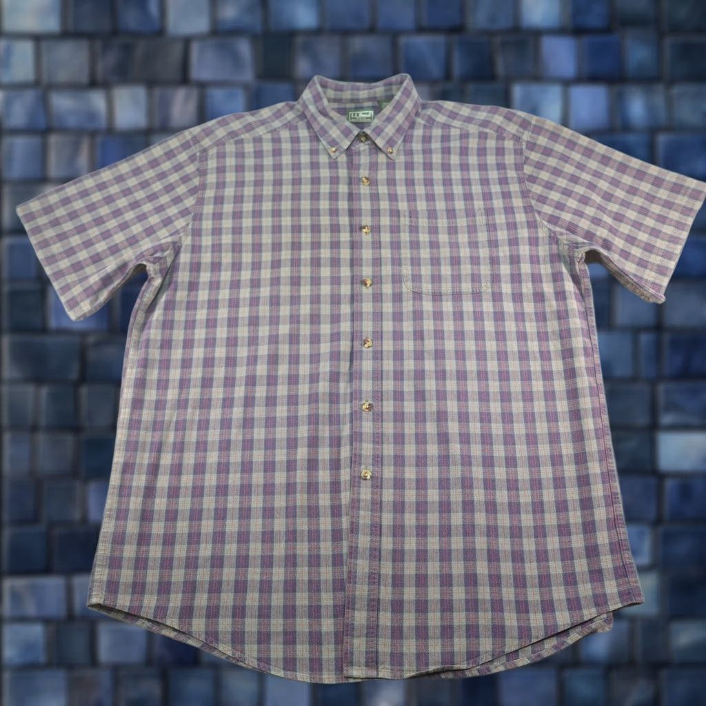 Vintage L.L. Bean Shirt Mens Large Purple Plaid Short Sleeve Button-Down Cotton Summer Regular Fit Casual Size US L / EU 52-54 / 3 - 1 Thumbnail