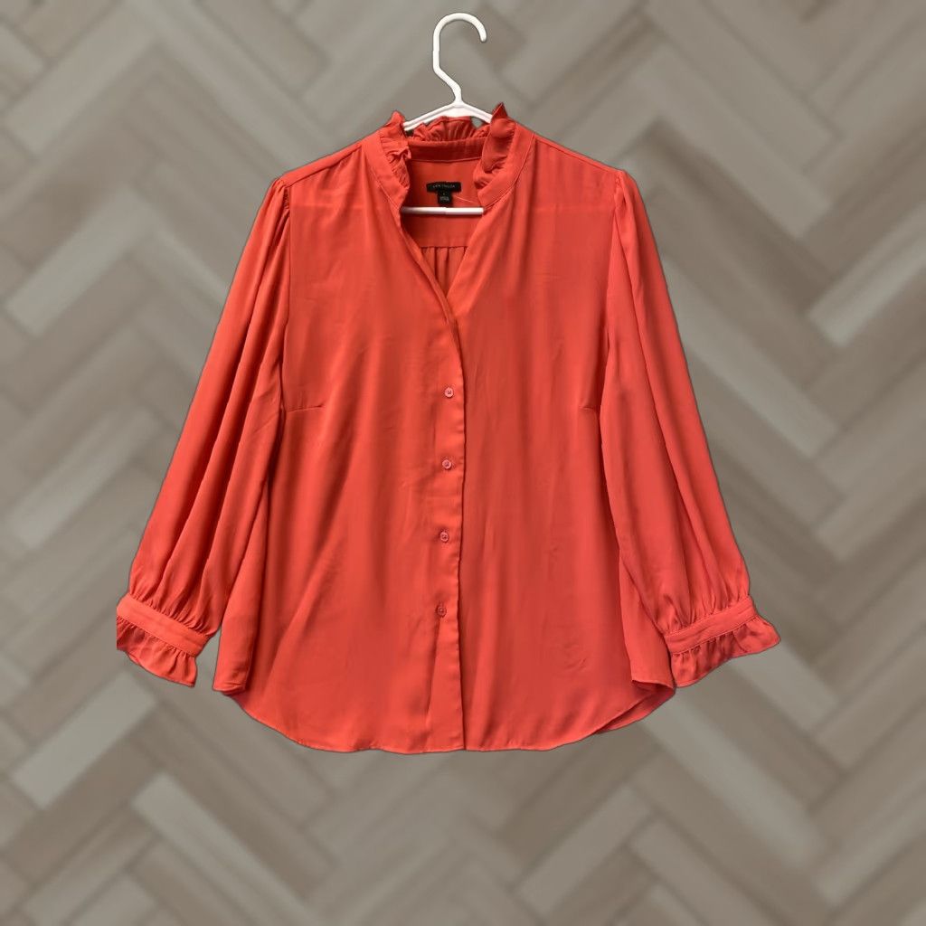 Ann Taylor Ann Taylor LOFT Button-Up Shirt Blouse Women's Coral L Size Button Up Collared Classic/Fitted Sleeve Long Sleeve Polyester Solid Size L / US 10 / IT 46 - 1 Thumbnail