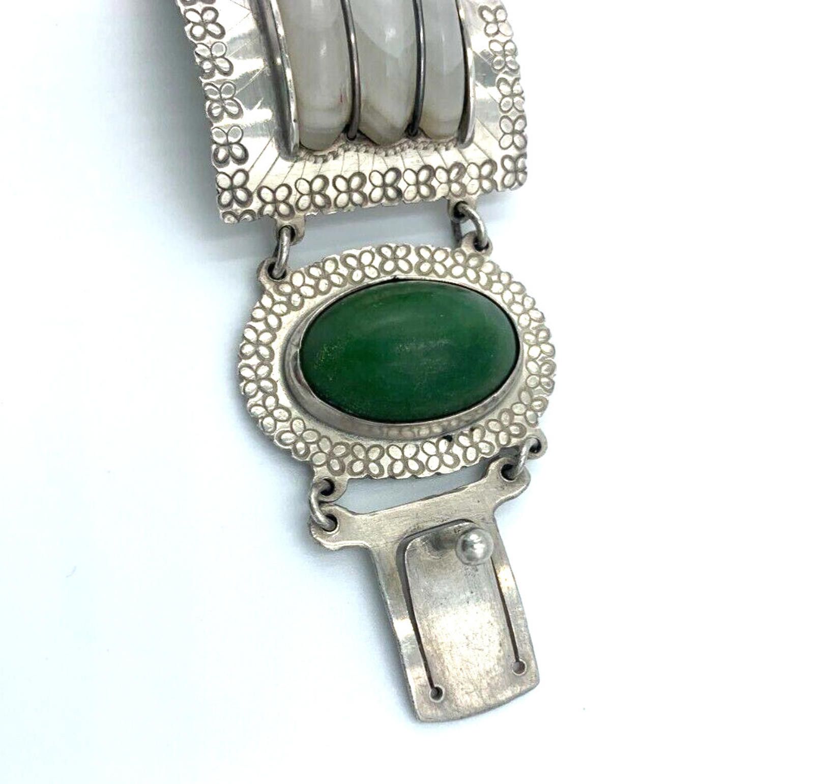 The Unbranded Brand Vintage Sterling Silver Quartz Nephrite Wide Bracelet Mexico Size ONE SIZE - 7 Thumbnail