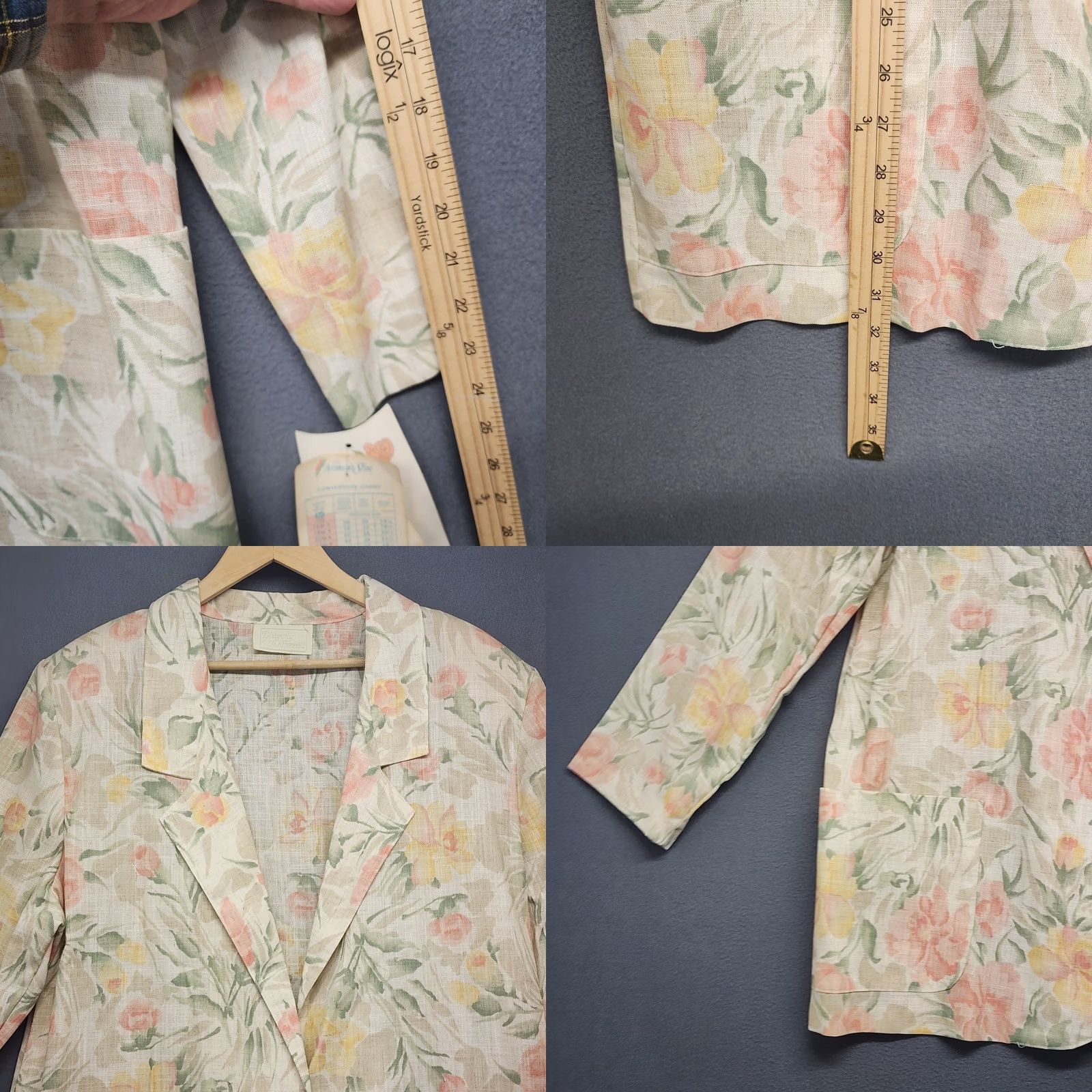 FLAX VINTAGE Distinctly Different Blazer Women 20W Plus Flax Blend Floral Cream Lightweight Cottagecore Jacket Womens Blazer Size 3XL / US 20-22 - 8 Thumbnail
