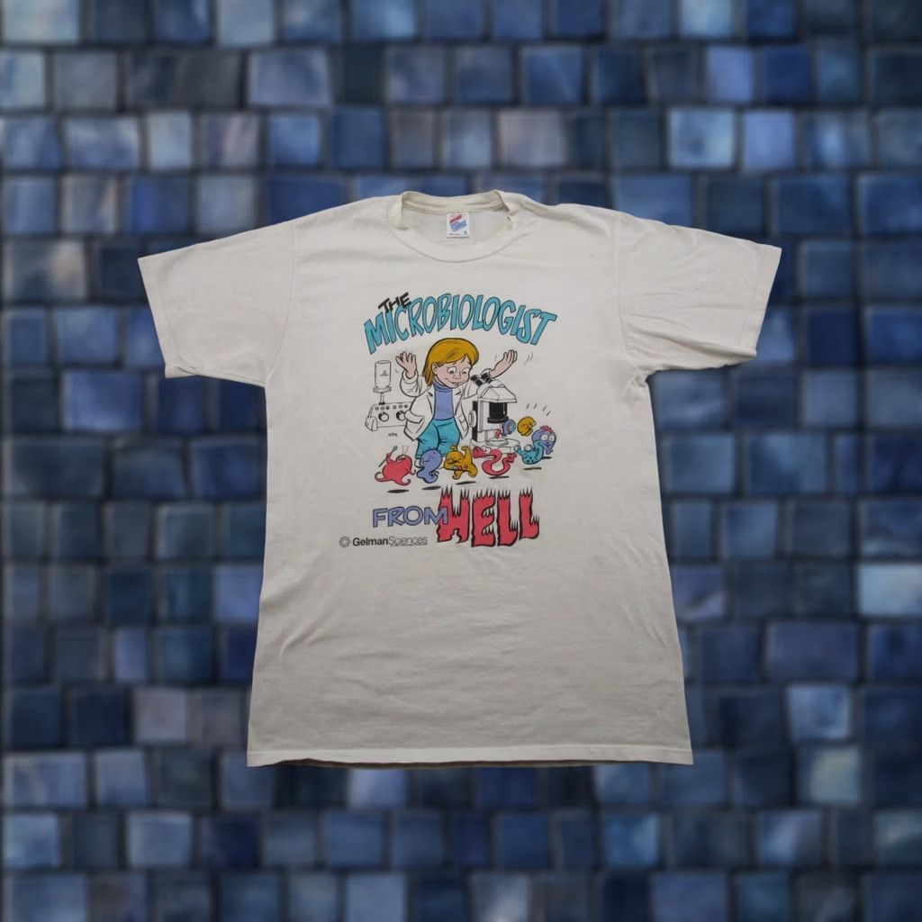 Jerzees Vintage 90s JERZEES T-Shirt Cartoon Funny Novelty Vintage Science 90s Mens L White Cotton Graphic Print Short Sleeve Crew Neck Slim Fit Size US L / EU 52-54 / 3 - 1 Thumbnail