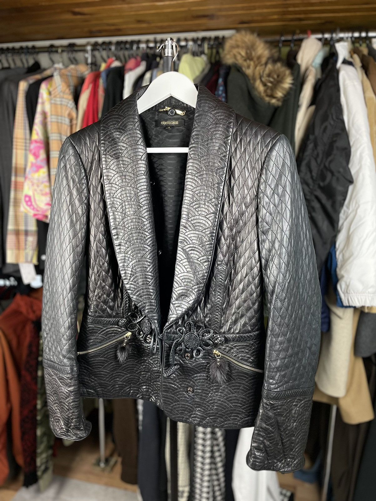 image of Just Cavalli x Roberto Cavalli Vintage Leather Y2K Jacket in Black, Women's (Size Large)