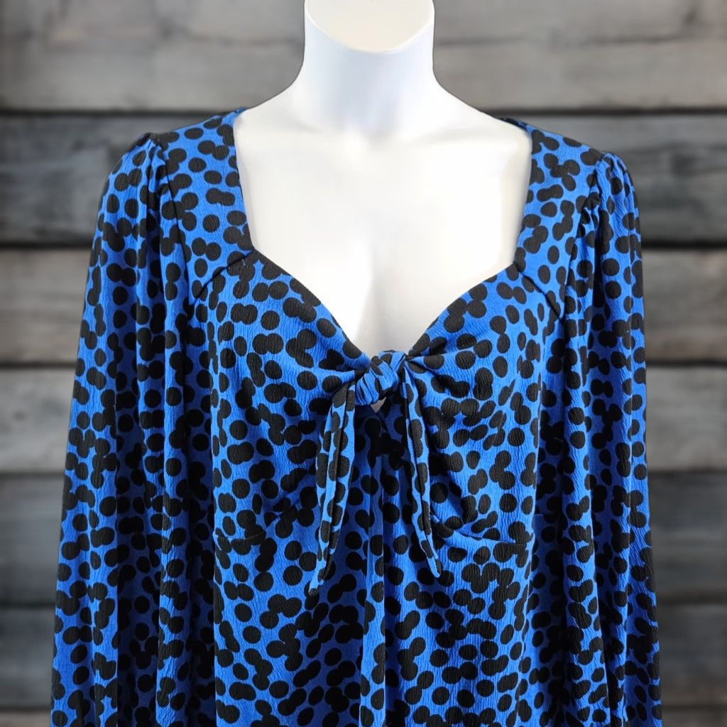 Vintage Ava & Viv Womens Top 2X Black Blue Long Sleeve Tie Front Blouse Shirt Womens Size XXL / US 16-18 / IT 52-54 - 1 Thumbnail