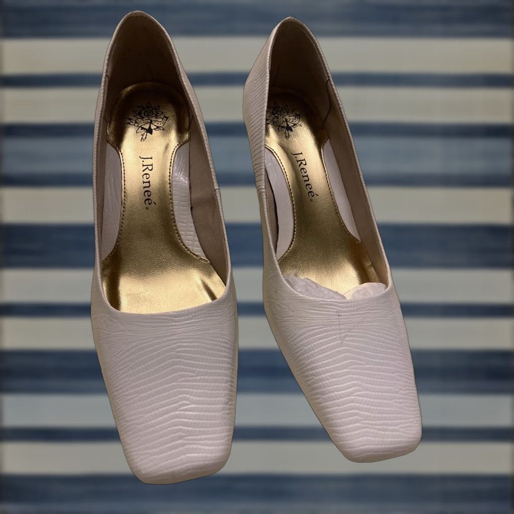 Vintage J. Renee Mary White Lizard Print Square Toe Pumps Heel Shoes Size 7 M - Gold Heel Detail, Comfort, Lightweight, Women's