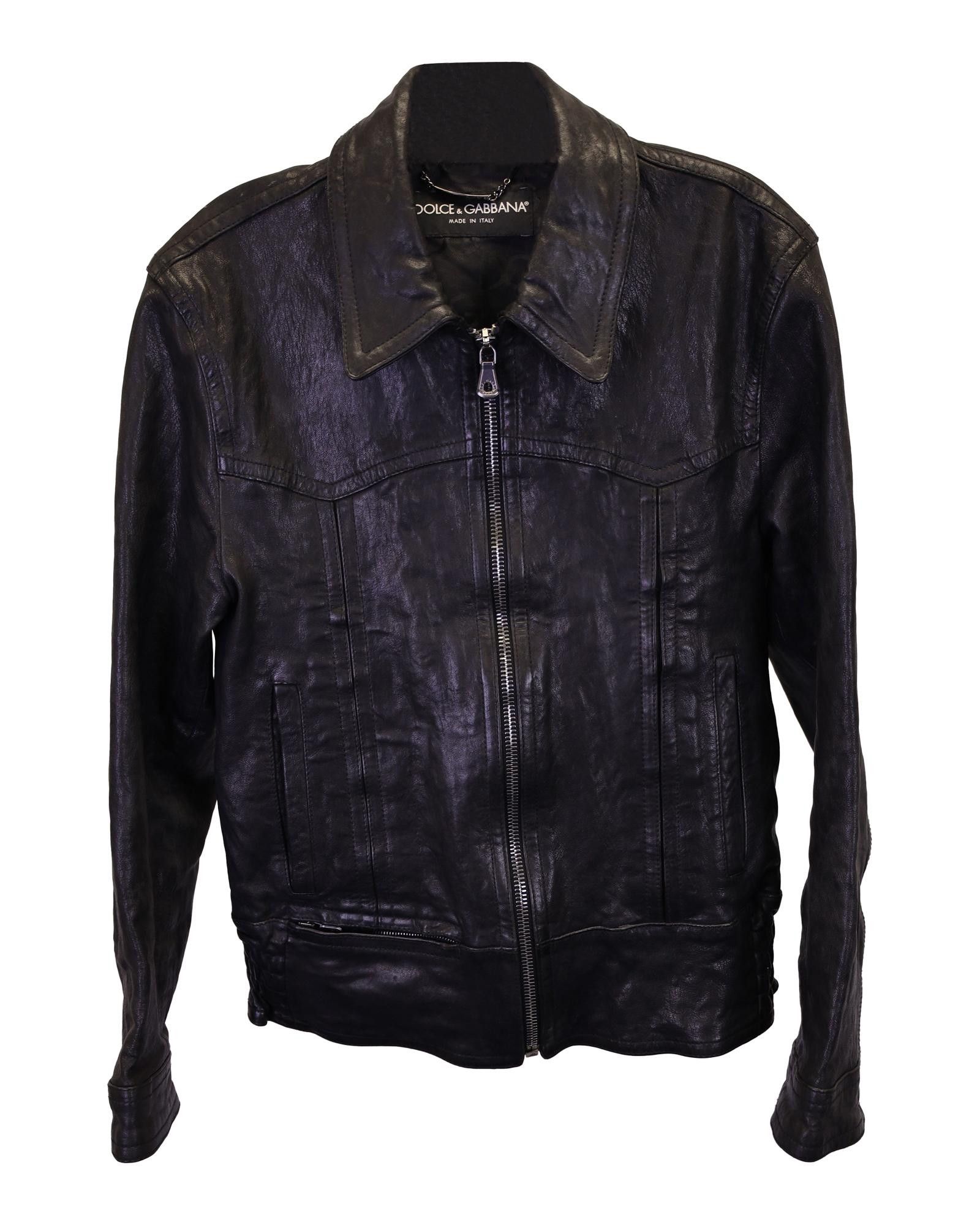 image of Dolce Gabbana Vintage Black Leather Zippered Jacket, Men's (Size Small)