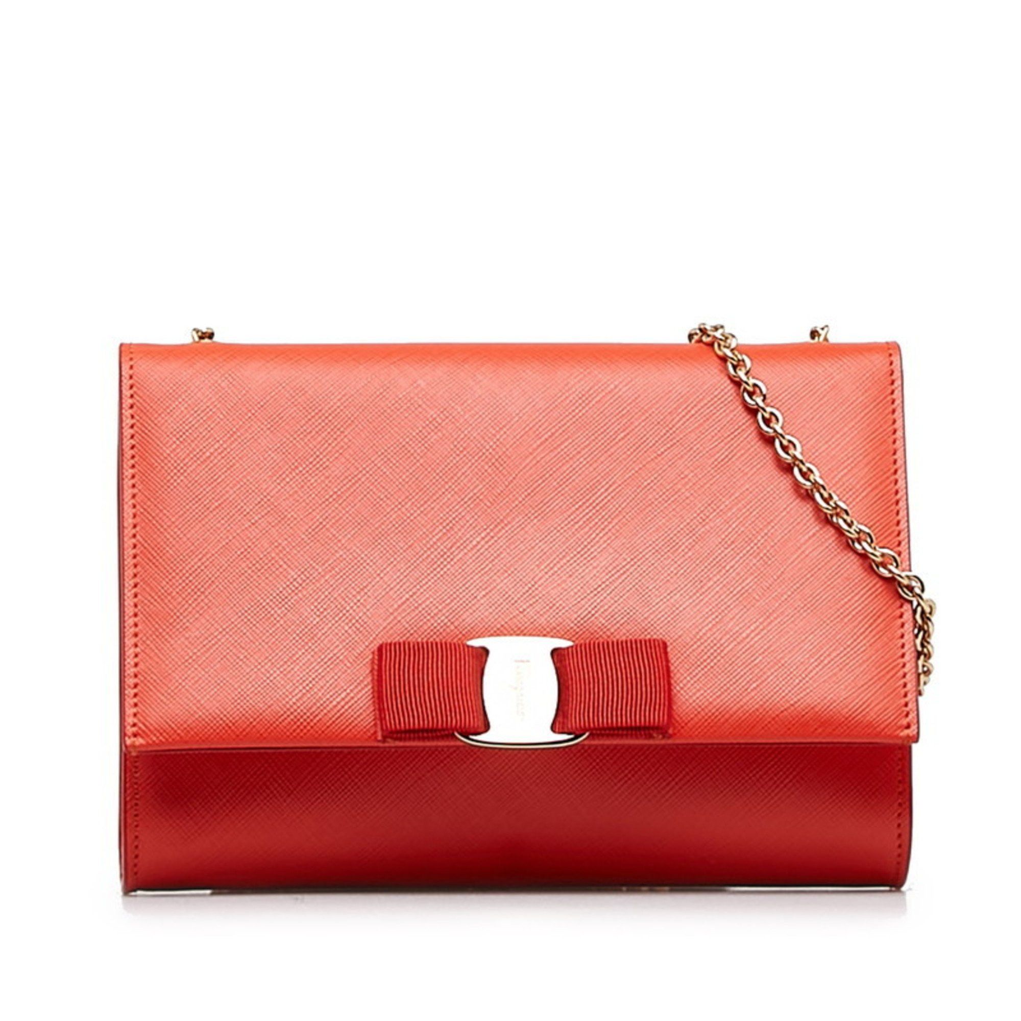 Salvatore Ferragamo Vara Ribbon Chain Shoulder Bag AU-22 B558 Red Leather Women's
