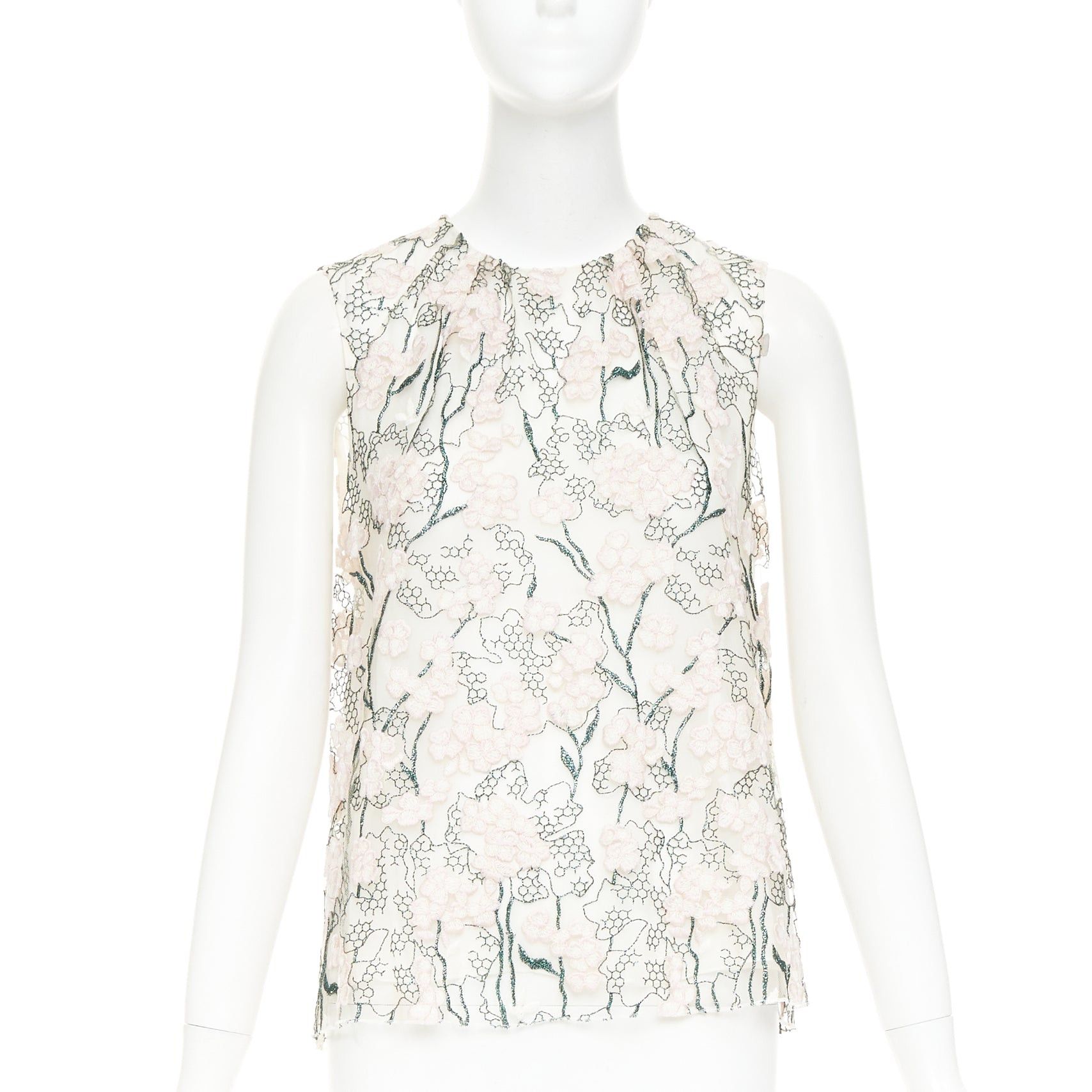 Giambattista Valli GIAMBATTISTA VALLI pink metallic green floral embroidered treillage top IT40 XS Size S / US 4 / IT 40 - 1 Thumbnail