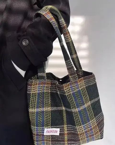 Fashion Tartan Plaid Tote Bag Shoppers Bag in Green, Men's