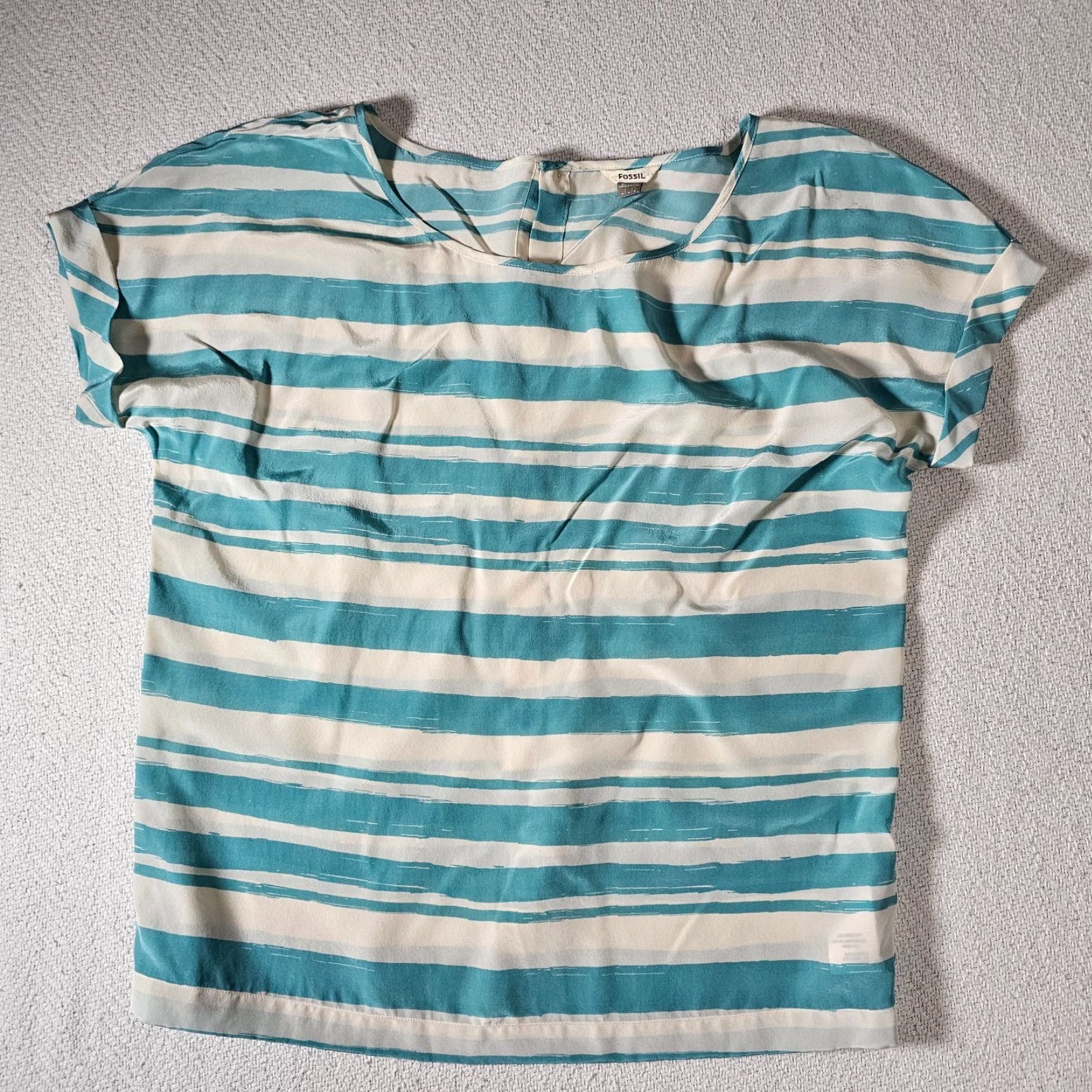 Fossil FOSSIL Silk Cap Sleeve Blouse Top Women Small White Teal Stripe Geometric Classic Size S / US 4 / IT 40 - 4 Thumbnail