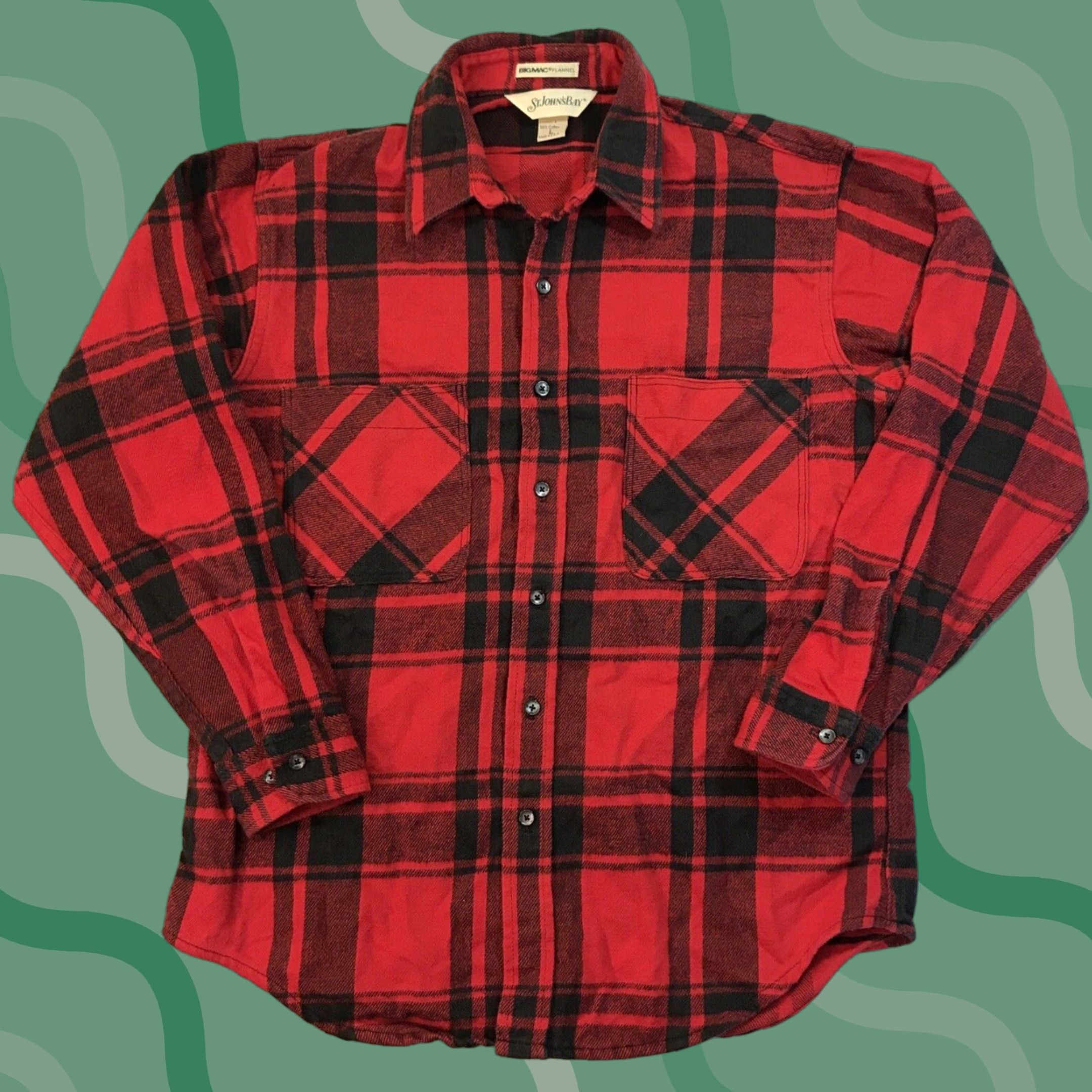 VINTAGE Big Mac Shirt Plaid Flannel Button-Up Red/Black L Men USA Heavyweight Regular Collar Spread Long Sleeve Knit Cotton (St Johns Bay)