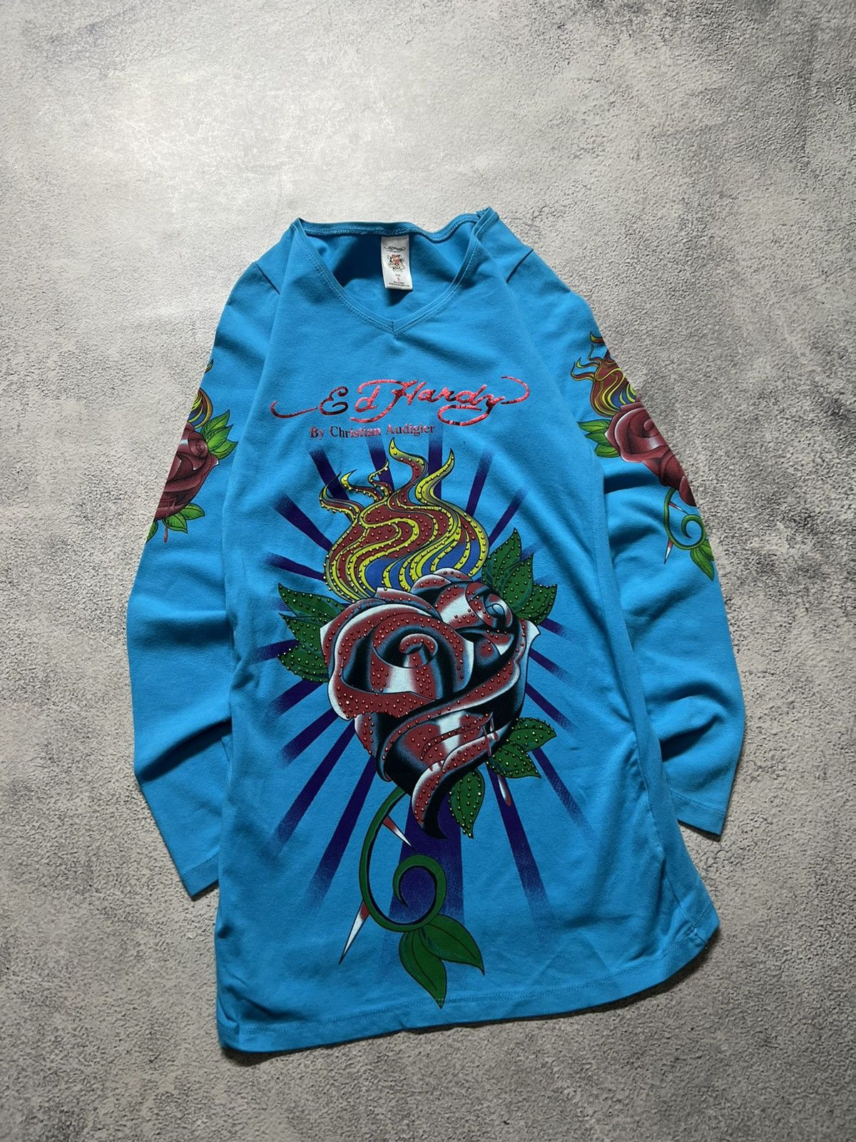 Ed Hardy Vintage Y2k Ed Hardy 🌹💙 Rosed Long Sleeve Dress 00’s Size S / US 4 / IT 40 - 4 Thumbnail