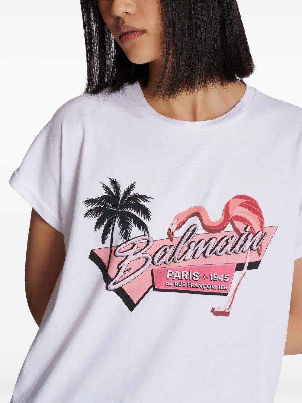 Balmain o1s1wg110725 Flamingo Print Cotton T-Shirt in White Size L / US 10 / IT 46 - 2 Thumbnail