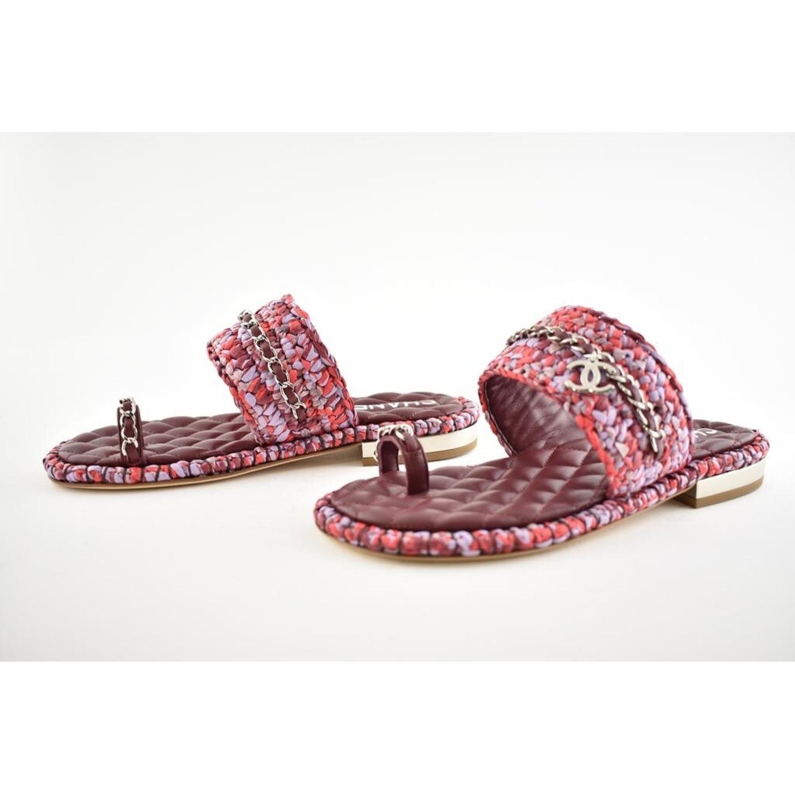Chanel Chanel 20S Red Purple Raffia Tweed CC Chain Logo Mule Size US 7 / IT 37 - 10 Thumbnail