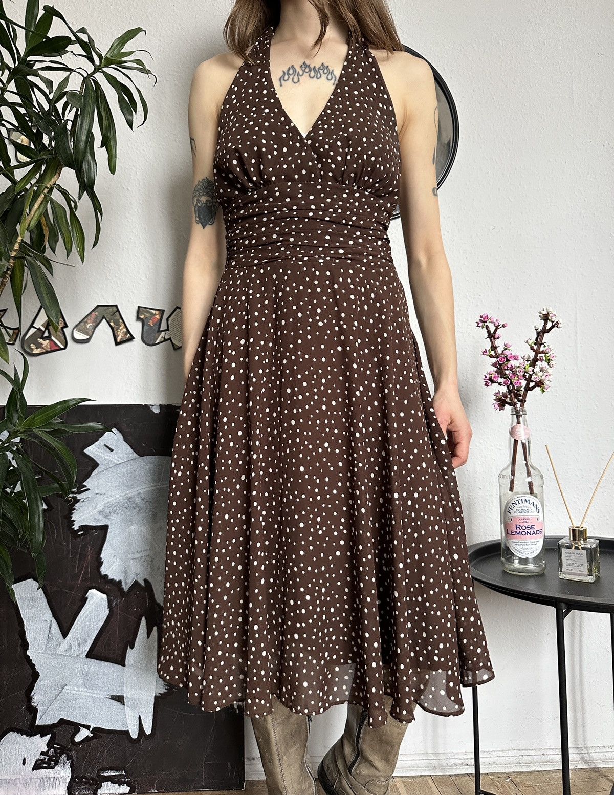 Vintage Vintage Polka dot Sexy Halter Midi Dress Cottage Size L / US 10 / IT 46 - 1 Thumbnail