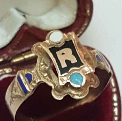 Other Antique Unisex 10k Pink Gold Enameled "R"Ring, 1800s Size ONE SIZE - 2 Thumbnail