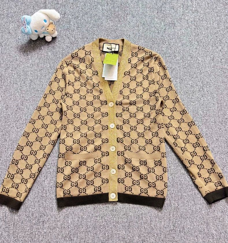 Gucci GucciBrown gold silk old flower full logo knitted cardigan Size US XS / EU 42 / 0 - 1 Thumbnail